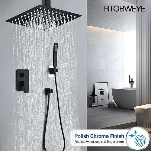 Miniatura 5 de RTOBWEYE Juego de grifos de ducha de 12 pulgadas, sistema de ducha de lluvia de alta presión, montaje en techo, juego de rociadores de ducha de