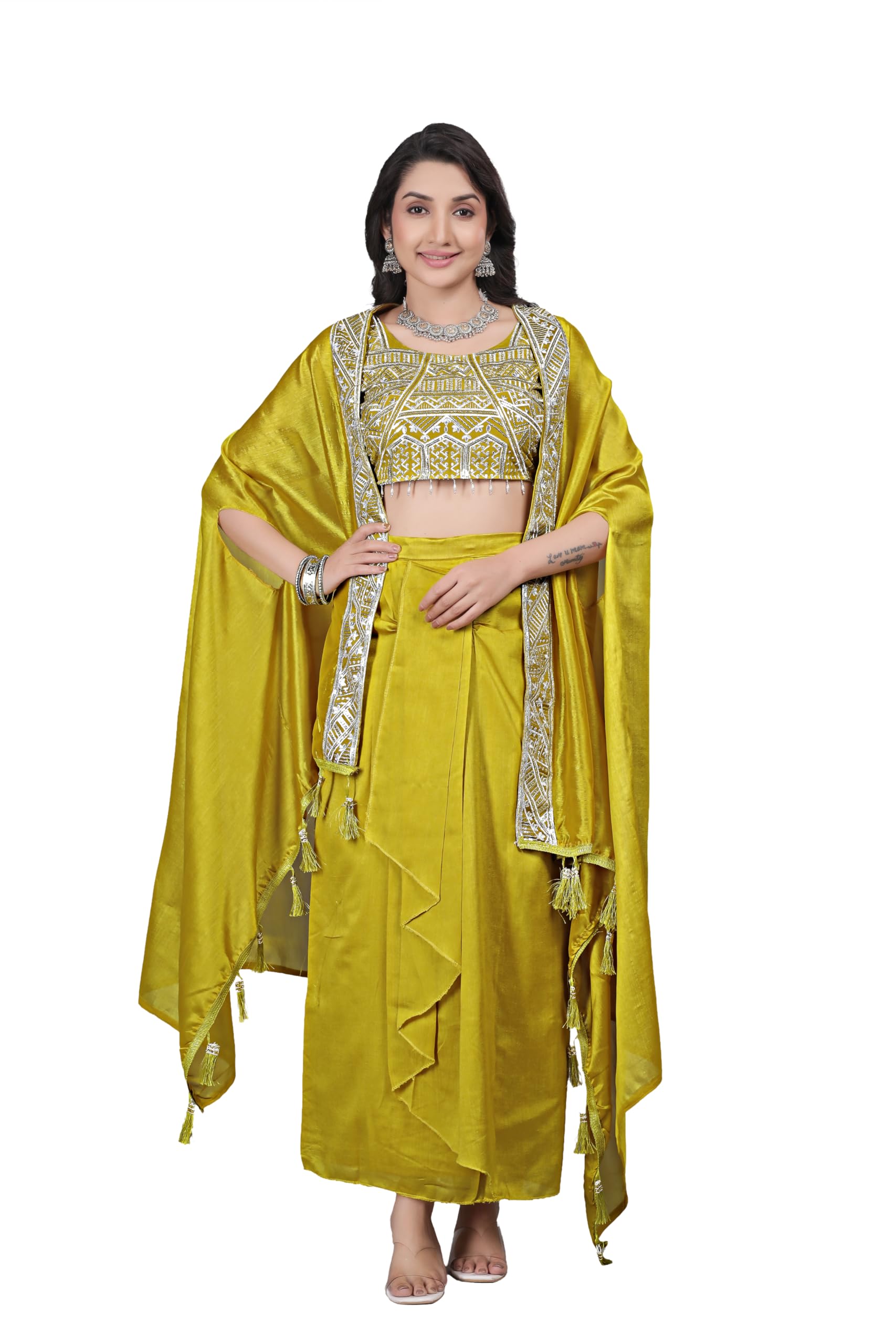 Stylish Women's Mustard Yellow Embroidered Crop Top with Dhoti Skirt & Long Shrug Set - Haldi Special.-picture-14