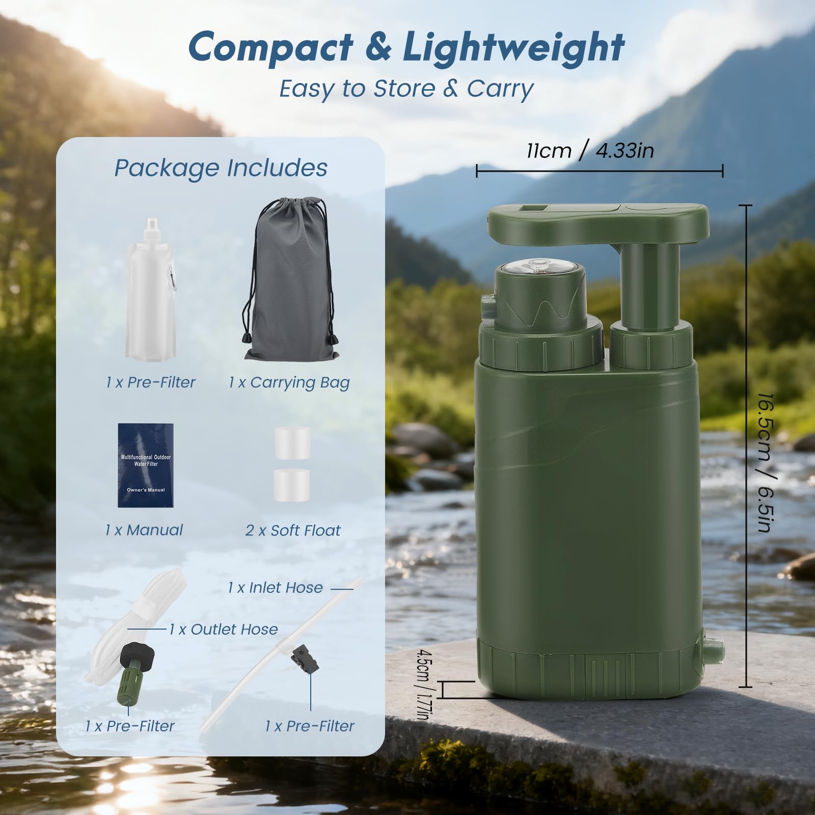Filtre à eau de survie pour le camping, la randonnée et le trekking, filtre 0,01 micron, filtre à eau portable 2000 ml, filtration d'eau de survie pour le camping et les situations d'urgence.