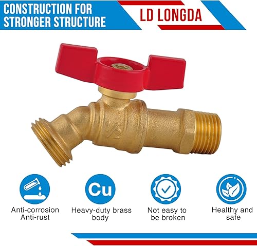 Miniatura 2 de Manguera macho Bibb 12 pulgada MIP × 34 pulgadas MHT con válvula de cierre de manguera de agua de 14 vueltas, salida de manguera de jardín con