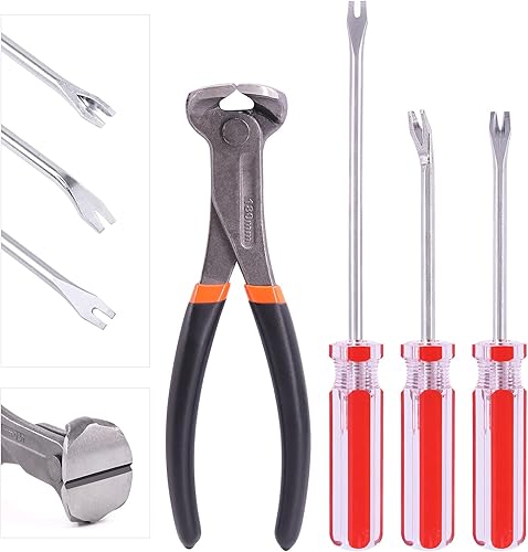 Juego de 4 alicates de corte final y extractor de tachuelas con punta recta en U, punta recta en V y elevador de tachuelas en V en ángulo para