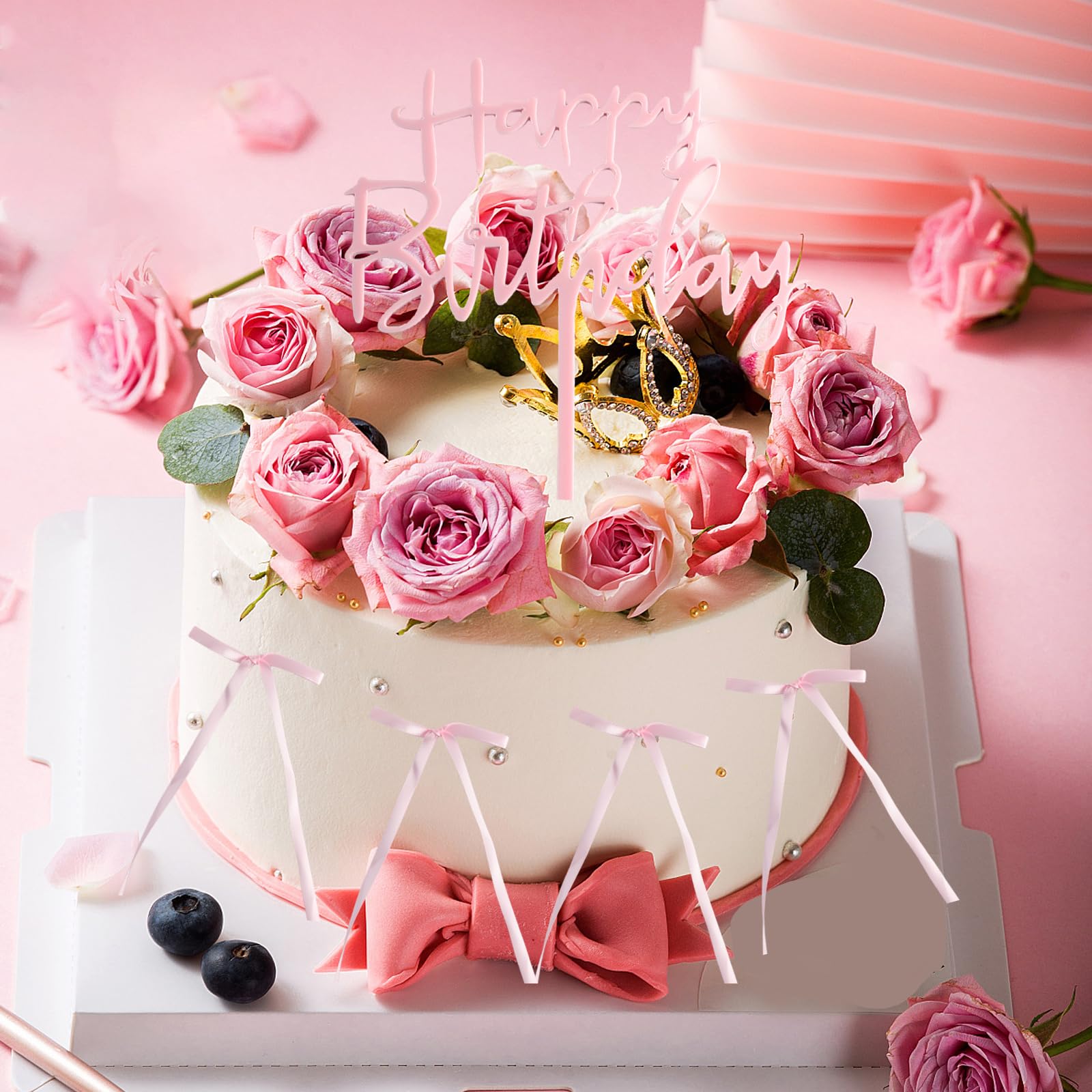 Lot de 10 décorations de cupcakes en forme de nœud rose avec 1 panneau rose « Happy Birthday » - Décorations de fête à thème pour gâteau de mariage, dessert pour mariage, fête d'anniversaire