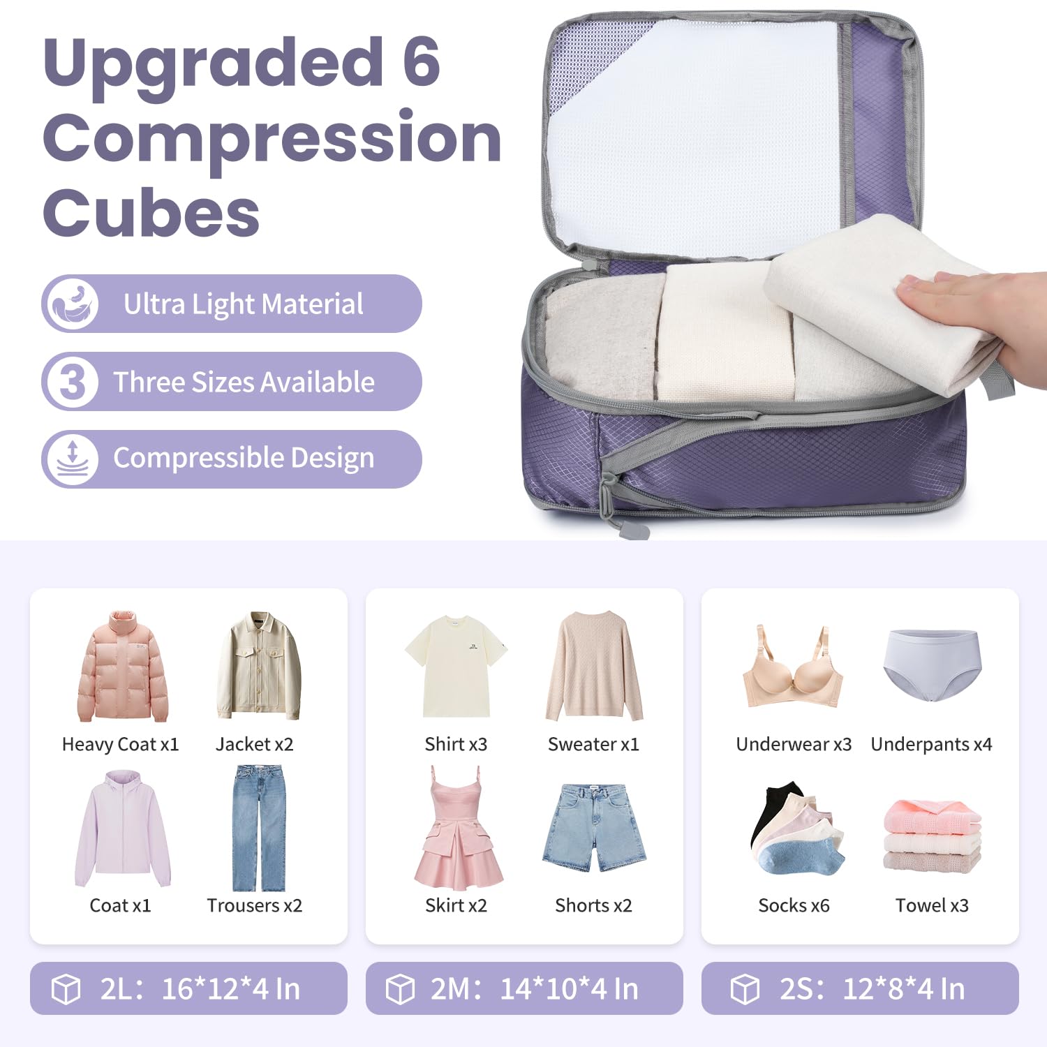 Versatile 6-Set Compression Hollow Packing Cubes, Conception en maille transparente, Peu encombrant et léger, Organiseur de bagages portable et durable, Indigo