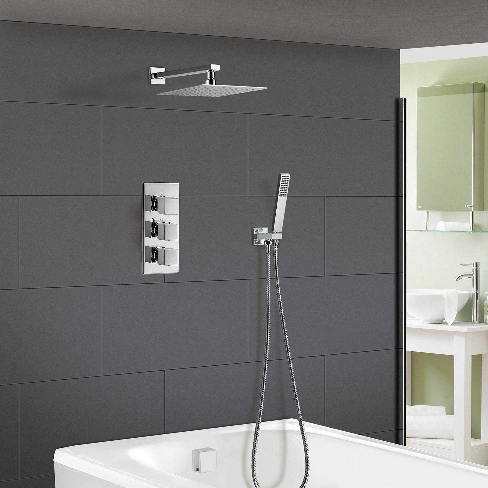 Nes Home Chrome | Lily Square 3 Way Concealed Thermostatic Shower Mixer Set - Slim Shower Head, Handset, Bath Filler & Waste