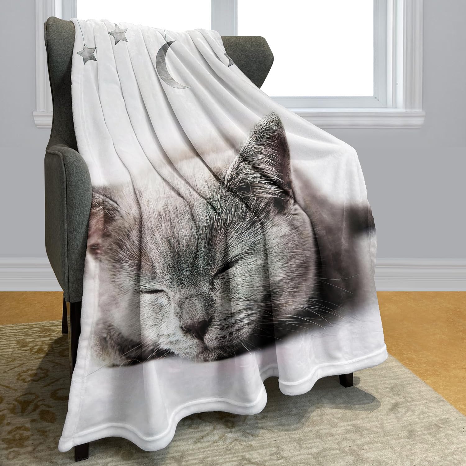 Yisumei Couverture douce en flanelle Motif chaton, Polyester, Blanc., 150x200 cm