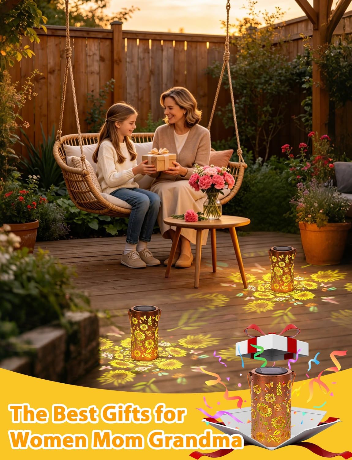 Sunflower Solar Lanterns Outdoor Waterproof, Metal Lantern Garden Lights with Color Projection, Garden Decor Gifts for Mom Women Mother Grandma, Hanging Solar Lights for Yard Porch Patio (Sunflower*2)