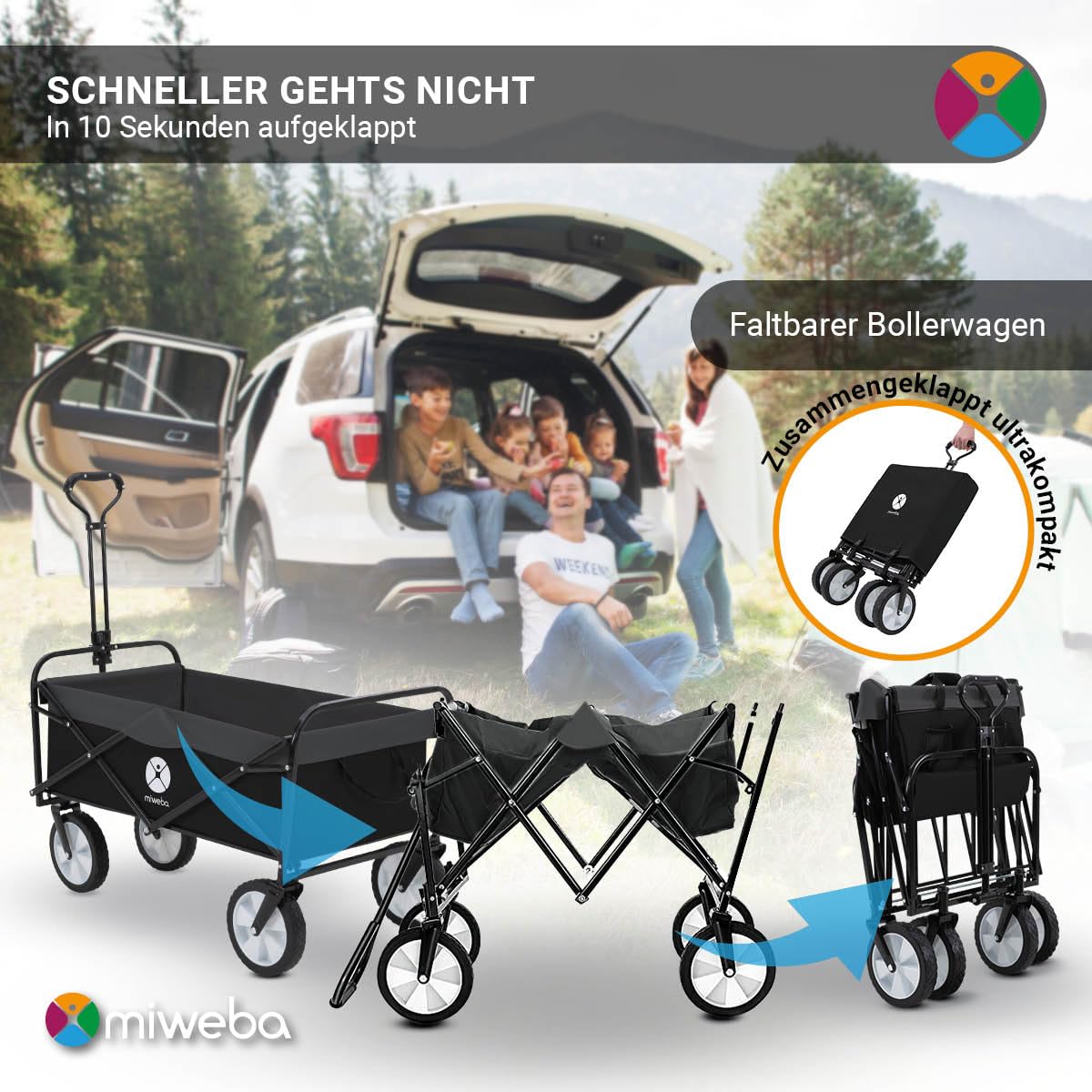 Miweba Faltbarer Bollerwagen MB-35 | Traglast 120 Kg - Klappbar - Handwagen faltbar - Transportwagen für Kinder - Kinderwagen - Gartenwagen - Wagen - Strandwagen - Faltwagen (Schwarz/Dunkelgrau)