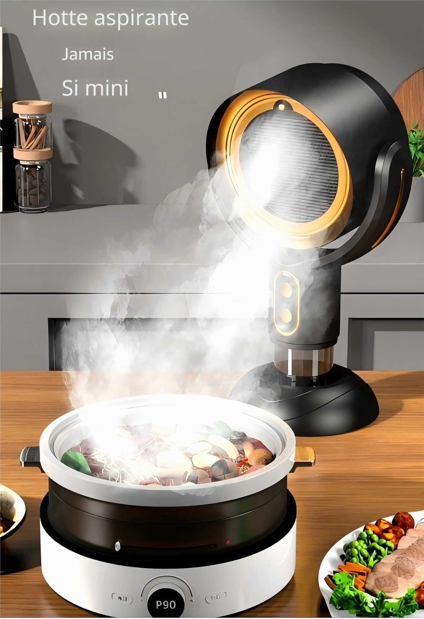 Mini Hotte de Cuisine Portable - 2 Vitesses Réglables, Filtre Amovible et Lavable, Extracteur de Fumée Sans Fil pour Barbecue d’Intérieur, Pot-au-Feu, Camping et Fumage (or)