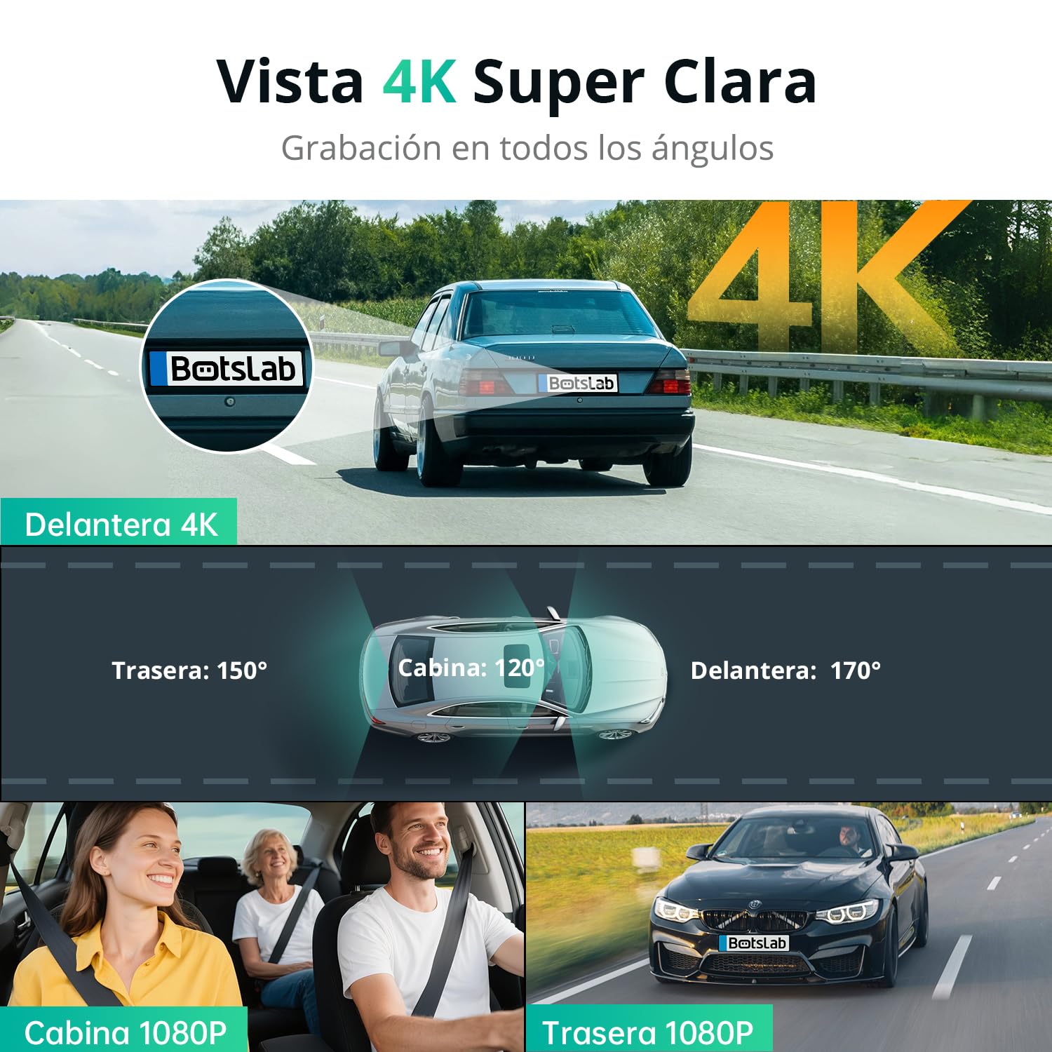 BOTSLAB Cámara para salpicadero 4K de 3 Canales, cámara para salpicadero Triple con Control por Voz, Pantalla táctil de 3,18 Pulgadas, Modo de estacionamiento 24/7, Tarjeta 128 GB incluida.