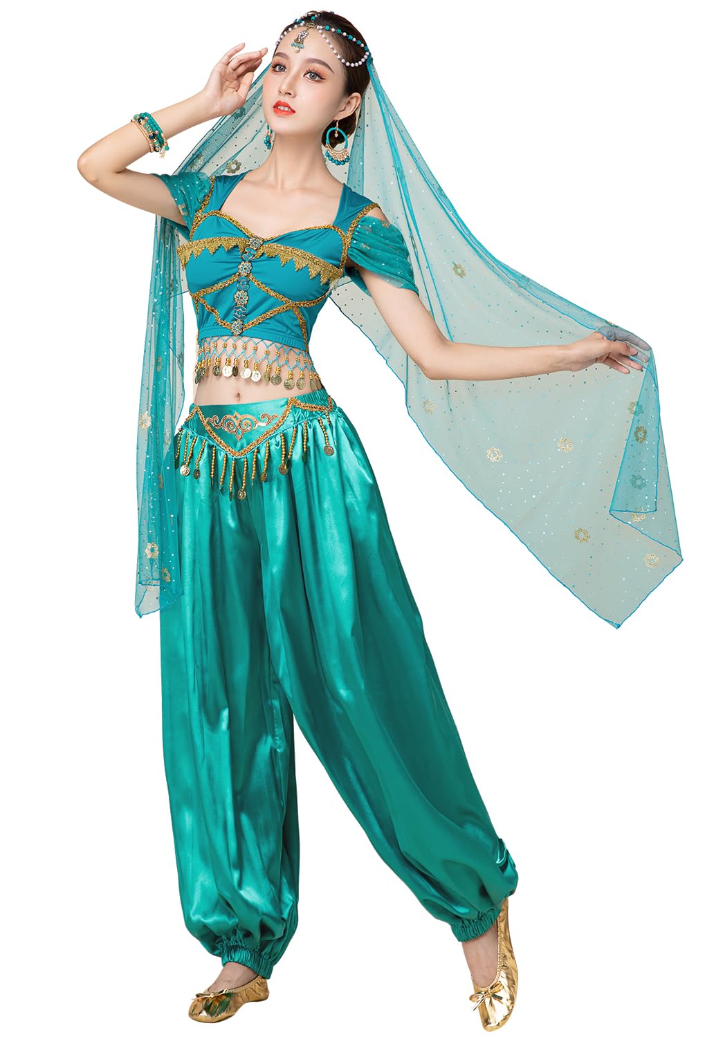 Arabian Jasmine Costume for Women Princess Dress Up Halloween Belly Dance Top Pants 4 Piece Outfit