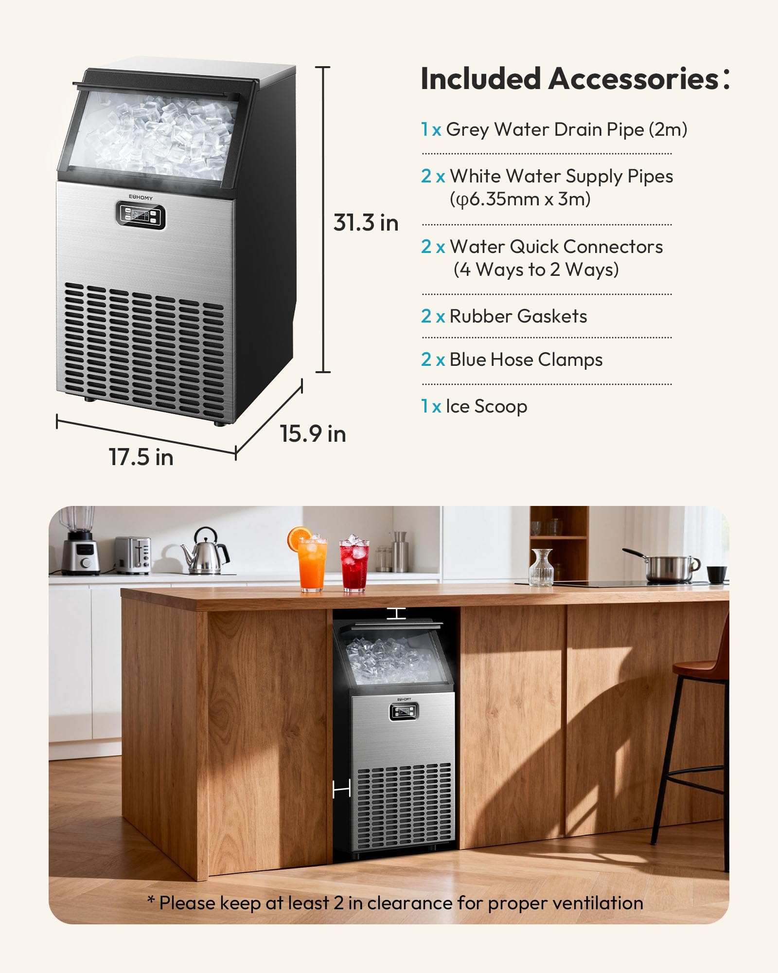 EUHOMY Commercial Ice Maker Machine - 100lbs Daily Production 33lbs Ice Storage Stainless Steel Freestanding & Under Counter Ice Maker Ideal Ice Maker for HomeBarRestaurantOutdoor Activities product thumbnail 8