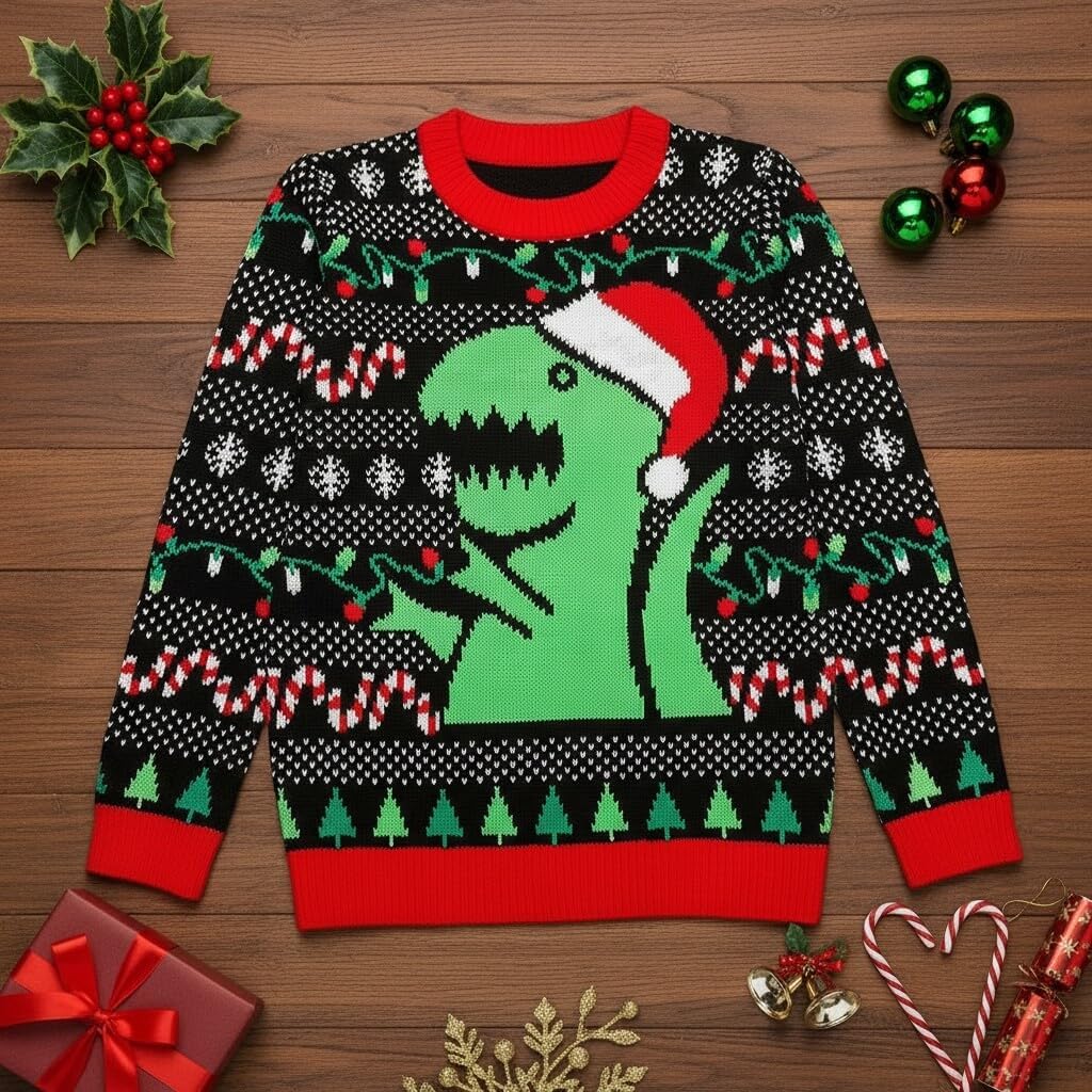 Tstars Kids Ugly Christmas Sweater - Dino, Gamer, Merry Swishmas - Funny Holiday Top for Boys & Girls, Ugly Xmas Party Gift