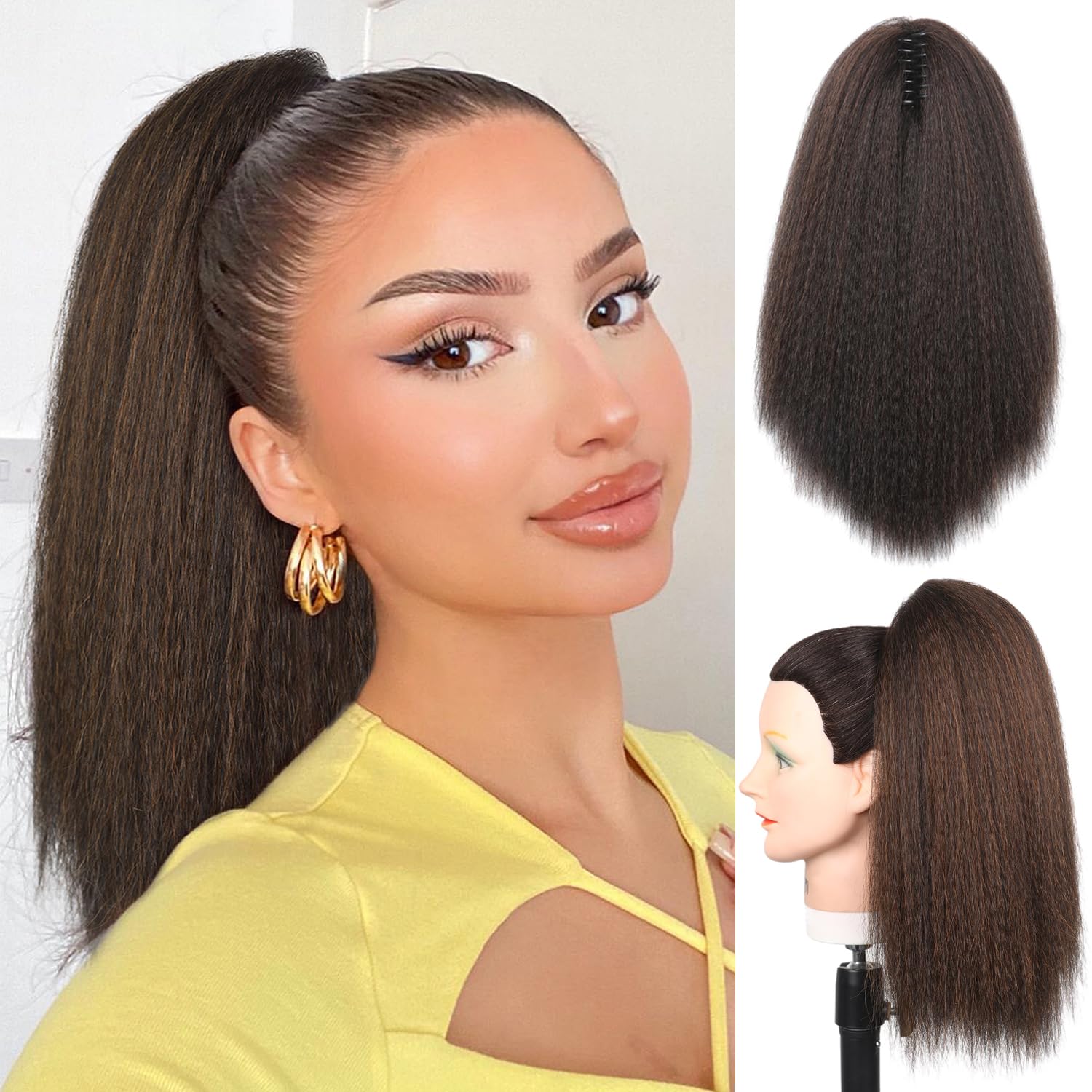 FANCEE Yaki Straight Claw Clip Ponytail Extension for Black Women 16 Inch Kinky Straight Clip-on-and-Go High Pony Brown Synthetic Natural Hair Extension(16’’, M30)