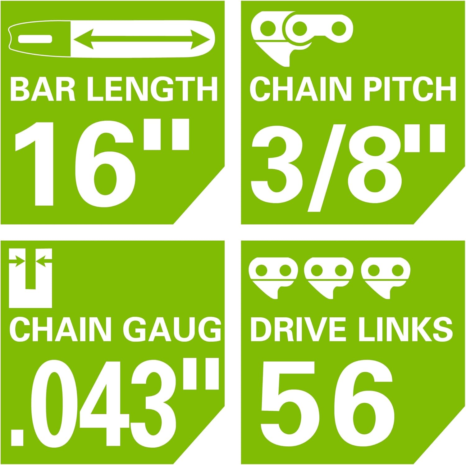 Greenworks 16" Bar and Chain Combo, 3/8" Pitch, .043" Gauge, 56 Drive Links, Genuine Greenworks Replacement Part
