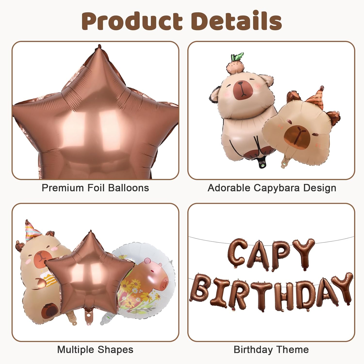 14PCS Capybara Birthday Decorations with Foil Balloons and Backdrop,Aluminum Mylar Capybara Balloons Party Favor for Birthday, Baby Shower & Gender Reveal - Image 4