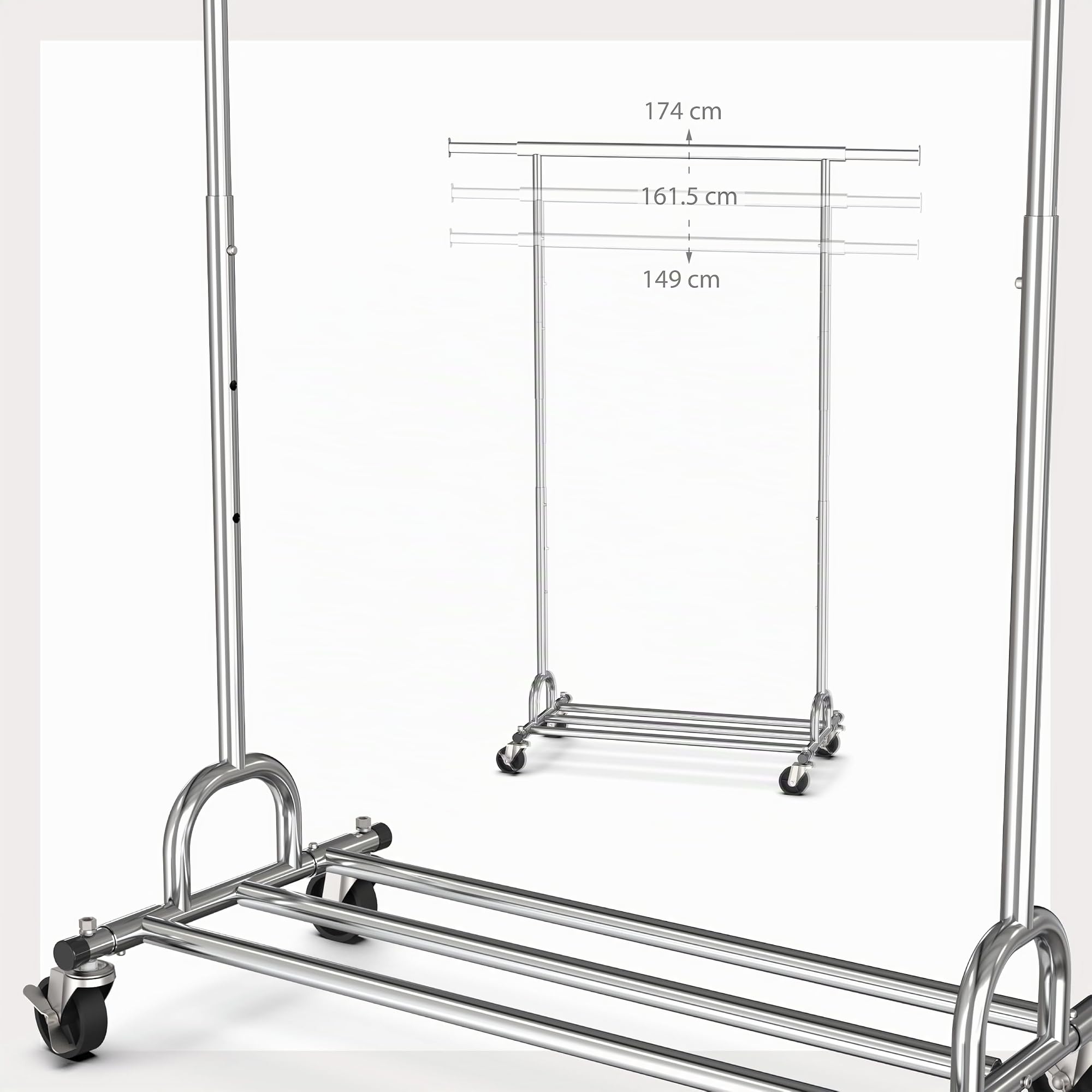 PORTENTUM Portant a vetement solide extensible avec roues et freins – Hauteur réglable entre 149 et 174 cm – Jusqu'à 180 kg de charge – Penderie en acier 45 x (92–132) cm de largeur