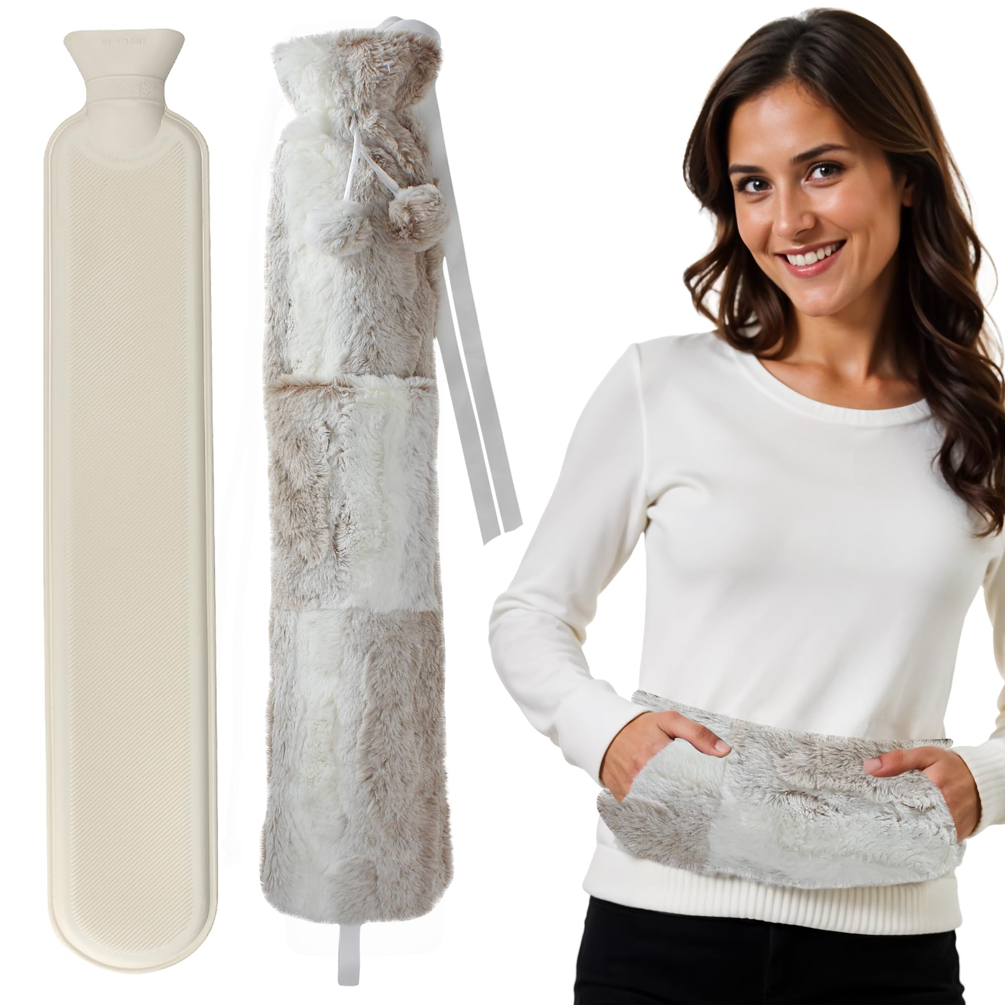 LKH Long Hot Water Bottle with Cover UK 2L Extra Long Hot Water Bottle with Cosy Pocket Faux Fur Washable Cover & Pom Poms 72CM Wrap Around Hot Water Bottle for All Kinds of Pain Gifts for Women
