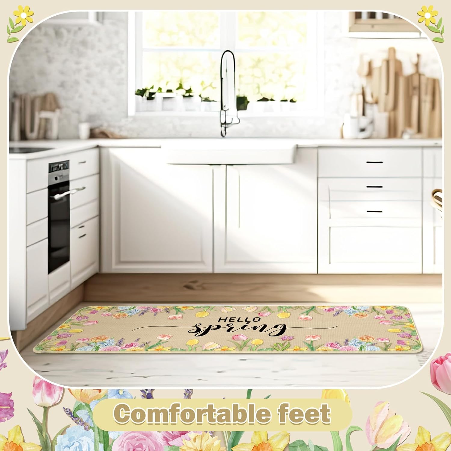Tinideya Hello Spring Kitchen Rugs and Mats Set of 3, Spring Flowers Vase Floral Kitchen Mat Non Slip Bloom Doormat Easter Funny Washable Kitchen Bathroom Decor,17 x 59,17 x 47,17 x 32 in