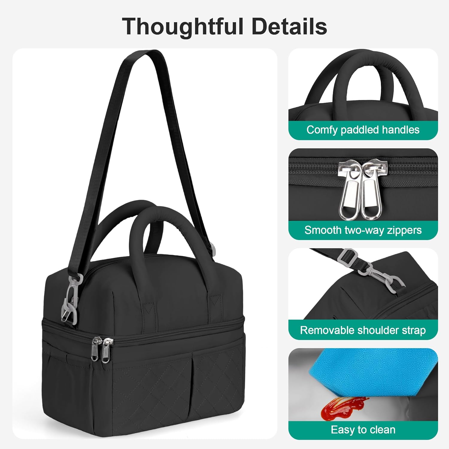 10L Medium Insulated Lunch Bag for Women, Double-Deck Lightweight Soft Puffy Lunch Box for Adults, One-Person Lunchbox for Work, School, Picnic, Black