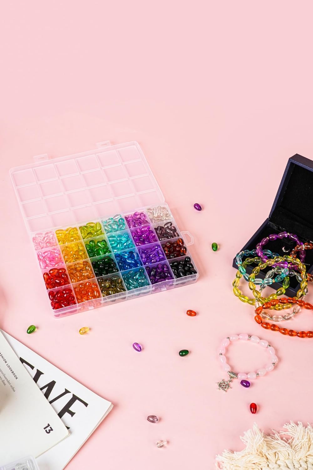 REVKI 1200pcs Glass Beads Bracelet Making Kit, 48 Colors Crystal Beads for Jewelry Making,Strange Shaped Glass Beads for Bracelets and DIY Crafts(Teardrop and Bamboo) - Image 6