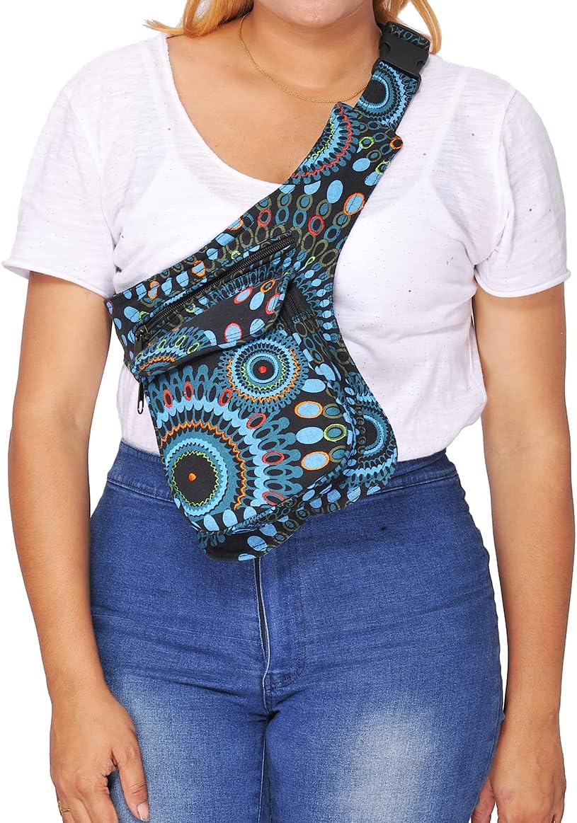 The Collection Royal Handmade Festival Waistpack Boho Hippie Waist Bag Hip Bum Running Belt Fanny Pack Travel Utility Belt (Blk+Blu)