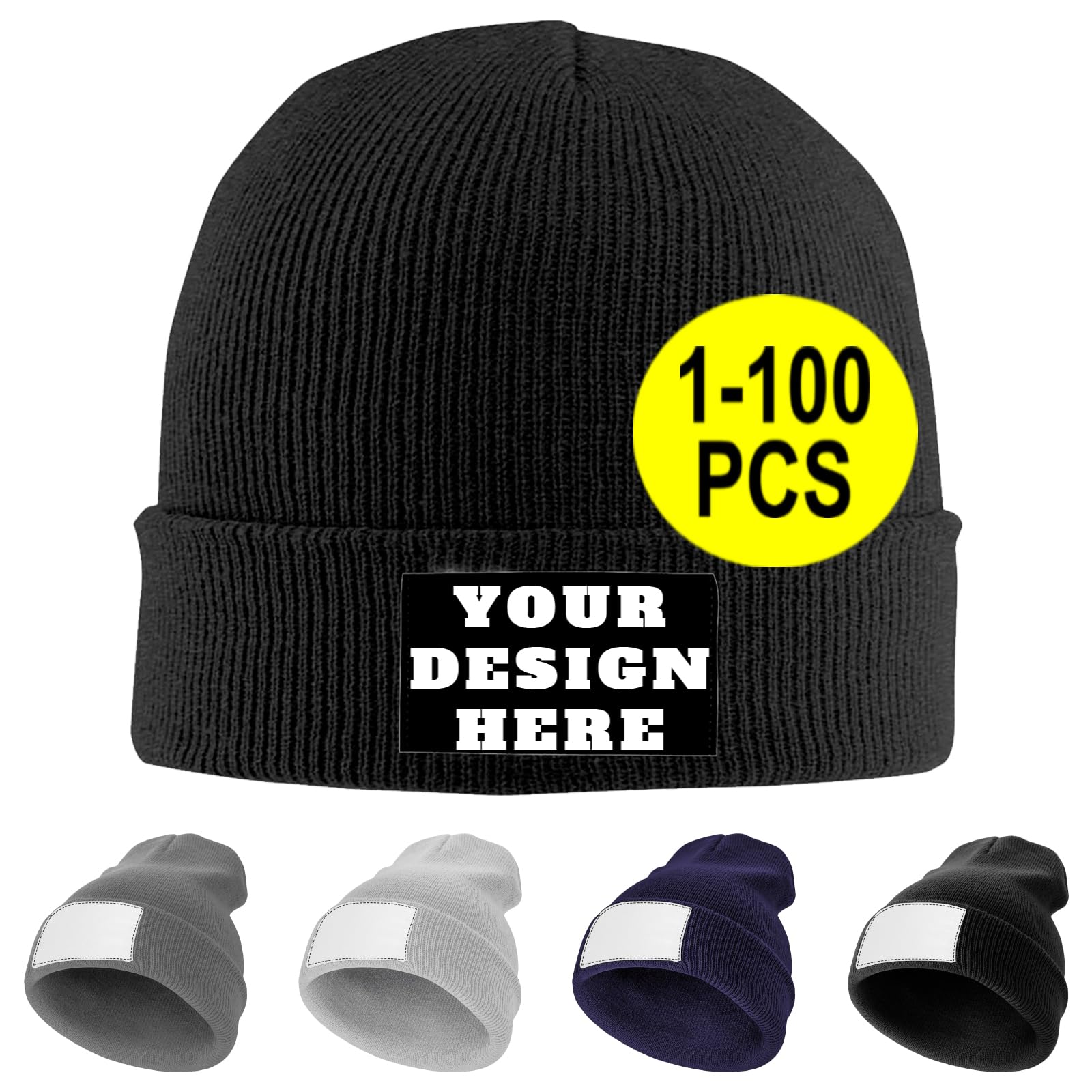 Custom Beanie Hats for Men Women Personalized Beanies Knitted Hat Add Your Text Name Logo Skull Hat Warm Winter Hats Unisex Black