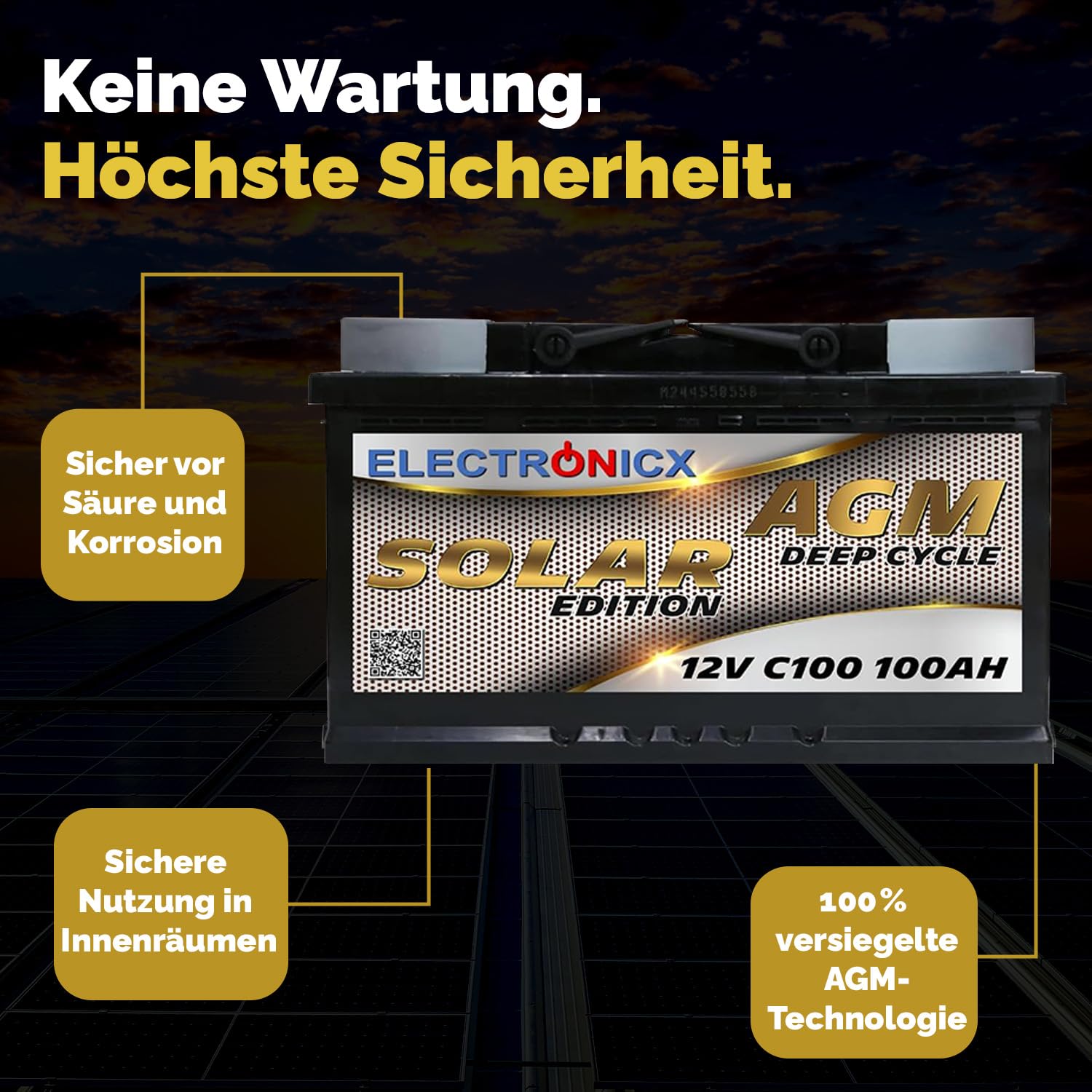 AGM Solarbatterie 12V 100Ah – Wartungsfreier Akku für Wohnwagen, Wohnmobil, Mover, Boot & Off-Grid Solarsysteme – Versorgungsbatterie Deep Cycle Solar Edition