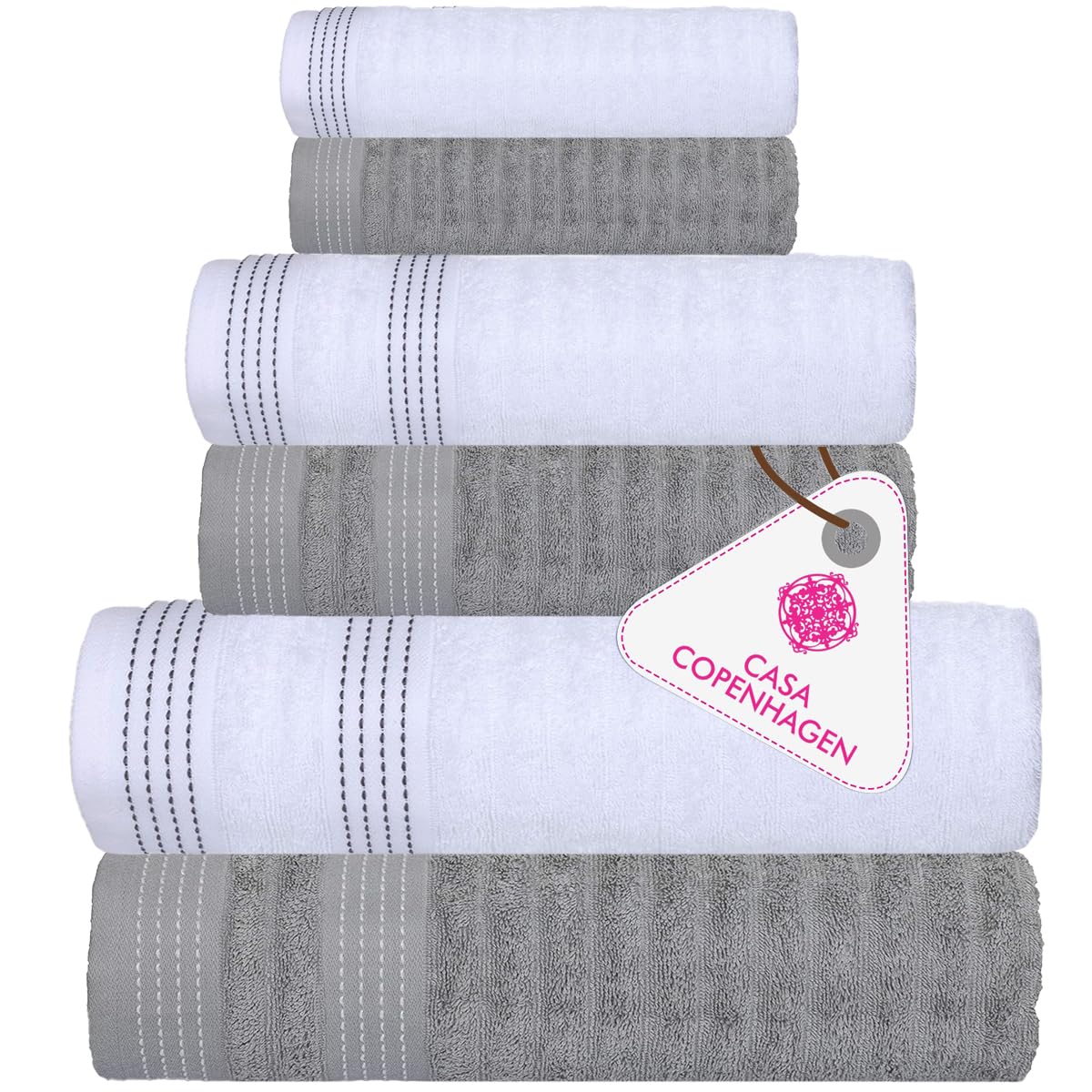 CASA COPENHAGEN Set 6 asciugamani da bagno 600g/m², Grigio-Viola e Bianco
