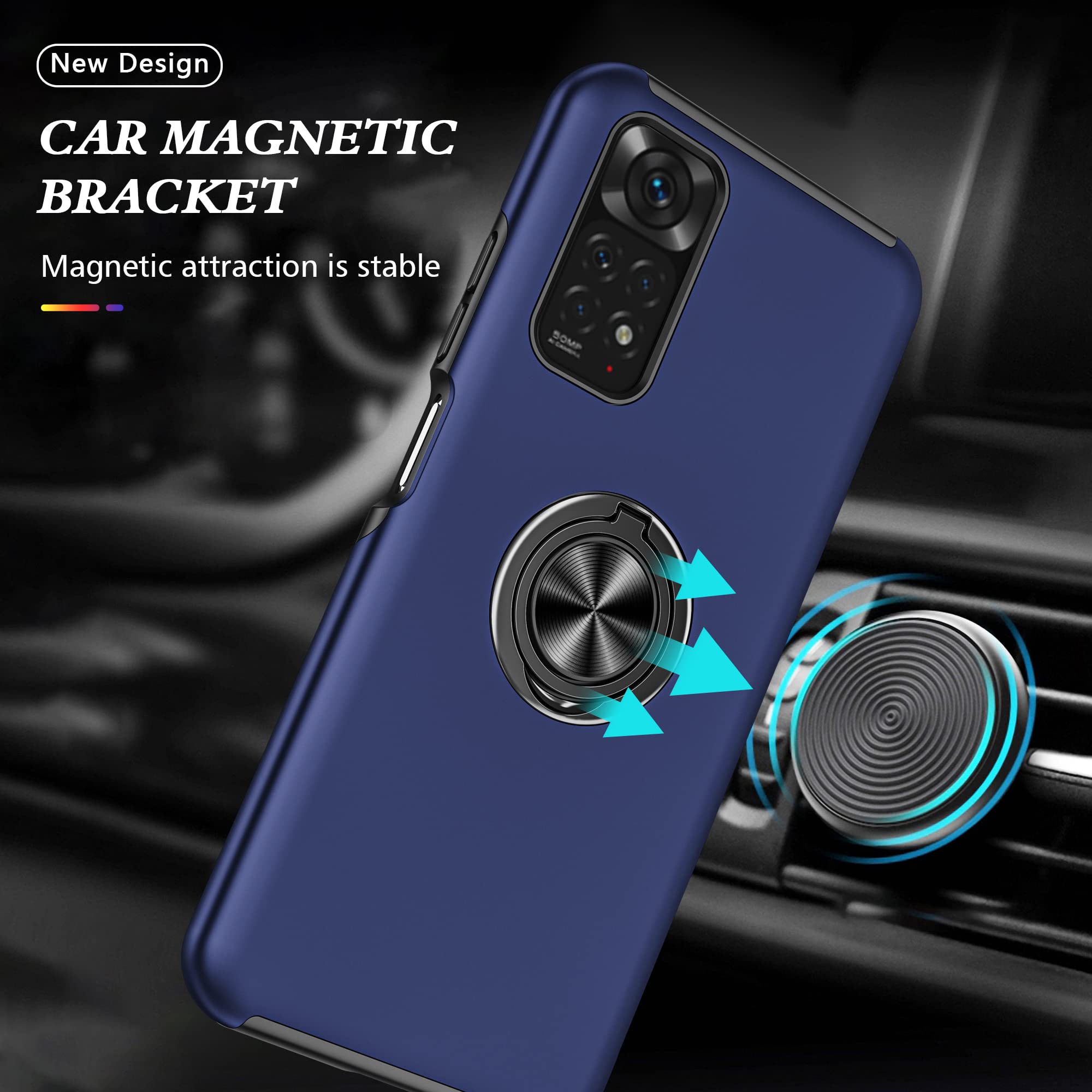 SORAKA Case for Xiaomi Redmi Note 11 with Invisible Ring Holder and Metal Plate for Magnetic Car Mount Rigid PC Cover Xiaomi Redmi Note 11S Case Military Grade Rugged Case Blue