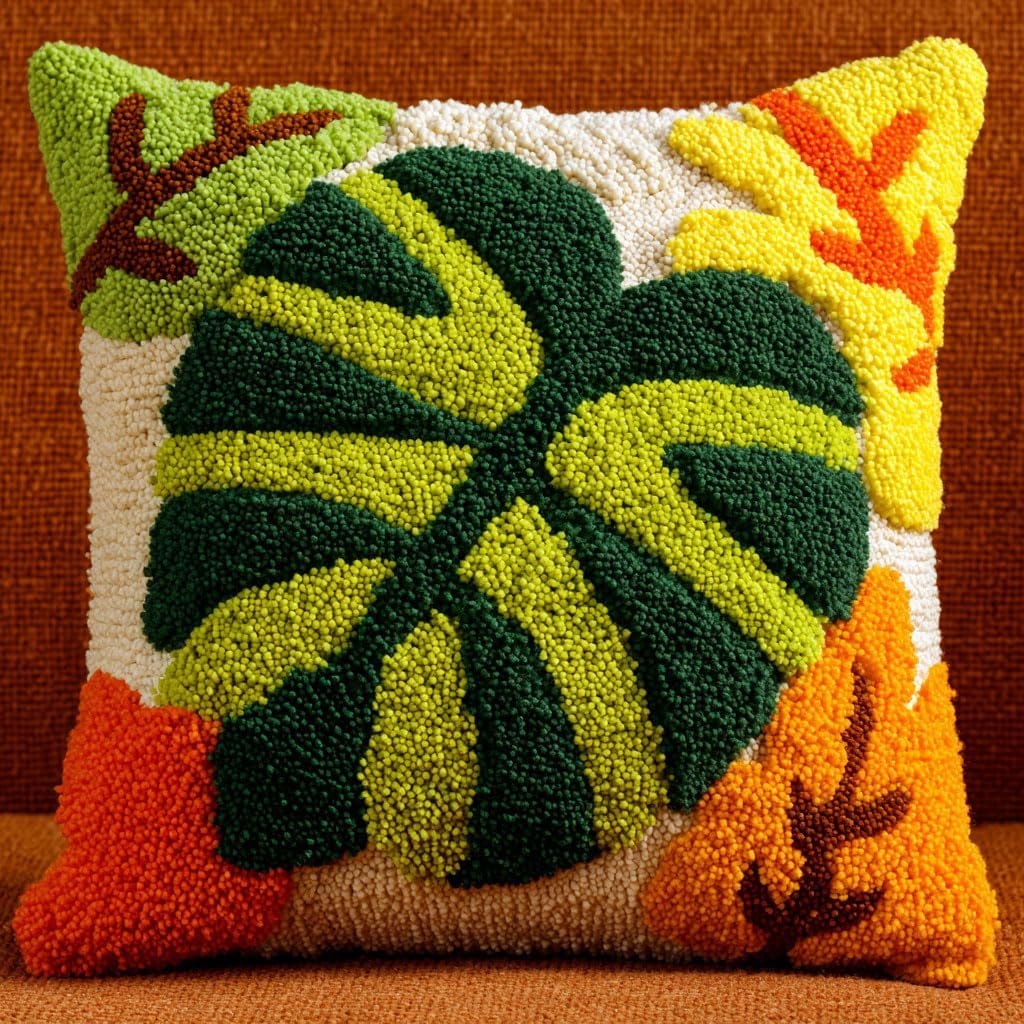 AMBATTERY Latch Hook Kits Pillow Cartoon Leaves Handmade Pillowcase DIY Embroidery Pillowcase Rug Cover Stitching Latch Hook Pillow Kit 43x43cm