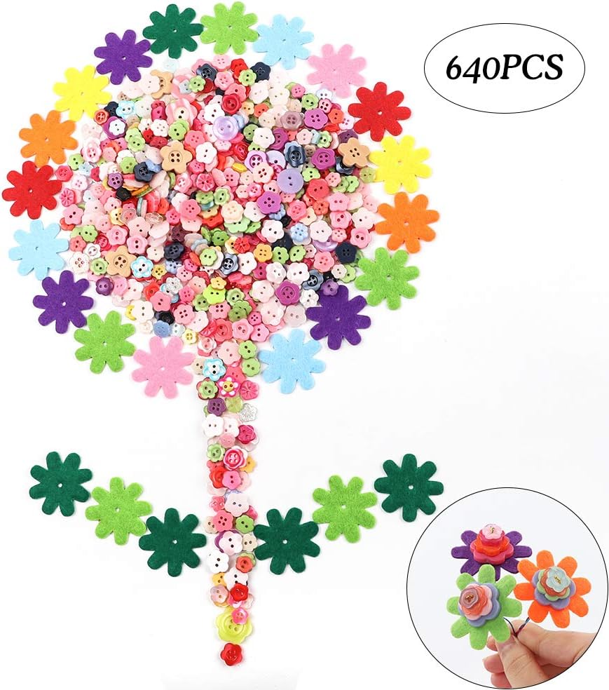 DICOBD 600pcs Crafts Buttons Resin Buttons Flower Buttons Colorful Buttons Different Sizes 2 Holes and 4 Holes with 40pcs Flower Shaped Felts Buttons for Crafts Sewing DIY Scrapbooking