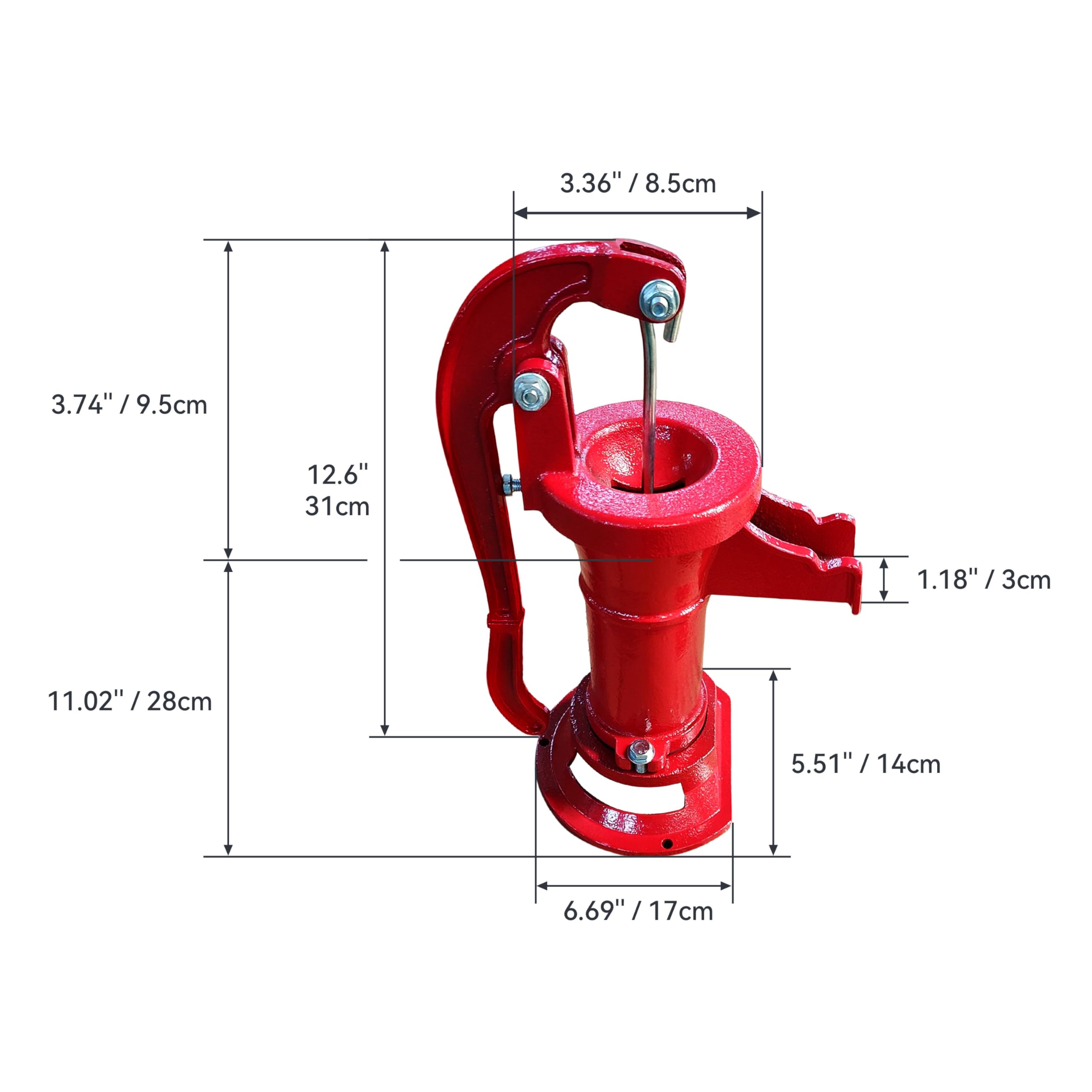 HFS(R) Manual Pitcher Pump 25 FT Max. Lift Red Cast Iron for Home, Yard, Garden, Farm, Pond