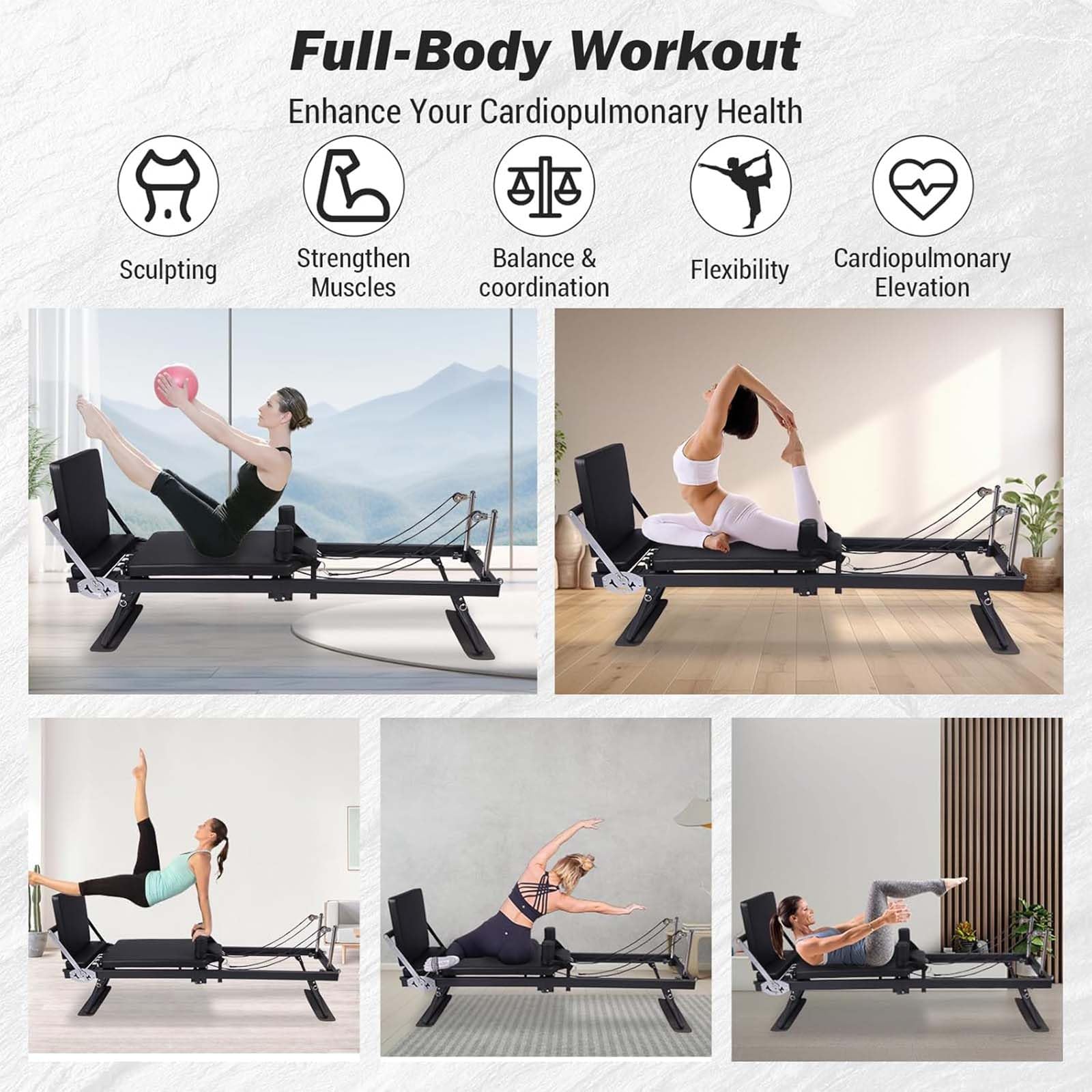 Pilates Reformer - Macchina per palestra domestica, design pieghevole con corde di resistenza per allenamento di base e tonificazione delle braccia, perfetta per allenamenti di forza e flessibilità