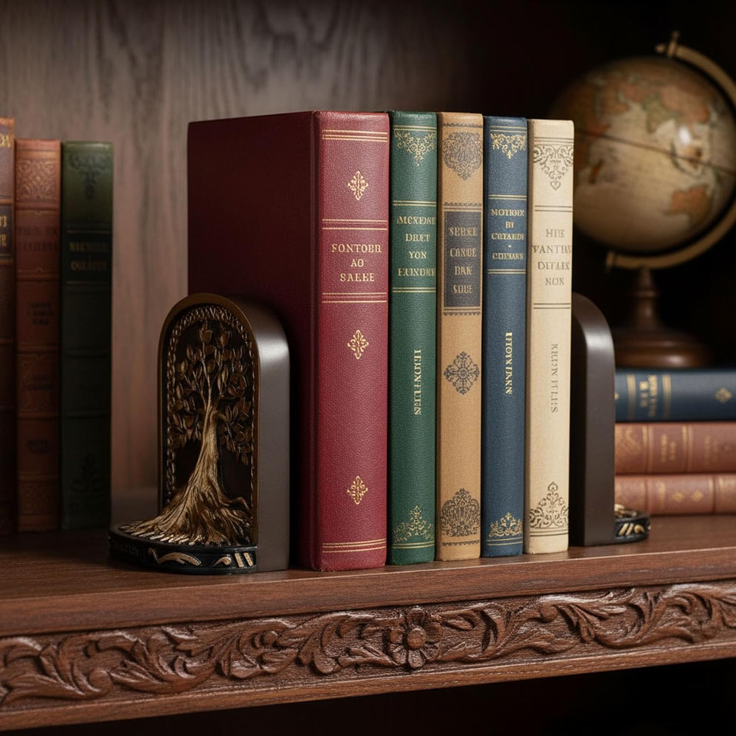 Tree of Life Bookends,Heavy Duty L-Shaped Resin Book Ends,2 Non-Skid Heavy Bookends for Shelves/Desktop/Bookshelf Decor,Celtic Mythology Sculpture,Vintage Accessories,Housewarming Gift (Black Gold)