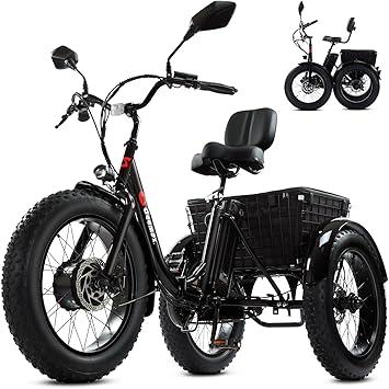 Geemax Electric Tricycle for Adults, 20" x 4.0 Fat Tire Electric Trike, Peak 500W 15MPH 36V 13Ah Lithium Battery UL Certified, Premium 80% Assembled Foldable 3 Wheel Electric Bicycle, Black