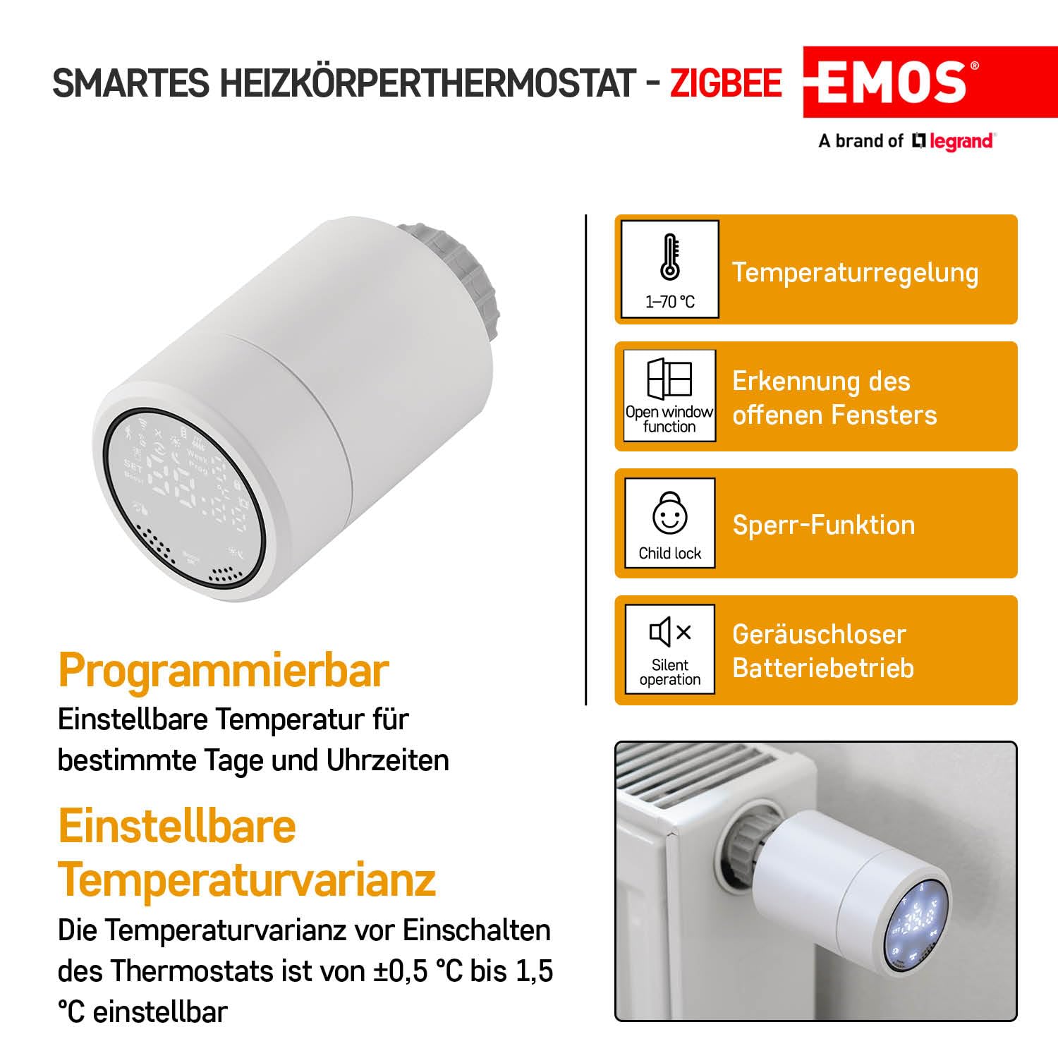EMOS GoSmart Heizkörperthermostat mit App, programmierbarer ZigBee Smart Home Thermostat, einstellbare Hysterese, kompatibel mit Tuya, Smart Life, Alexa, Google Assistant