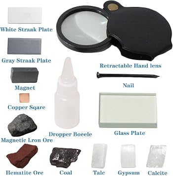 Mineral ID Kit Rock Mineral Identification Kit - Includes Streak Plates, Glass Plate, Magnet, Dropper Bottle, Nail, Hand Lens, Cooper Sheet, Rock & Mineral Geology Kit