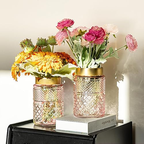 Miniatura 7 de Paquete de 2 floreros de cristal, florero estriado rosa con parte superior de metal dorado, elegante decoración para centro de mesa, cocina, sala de