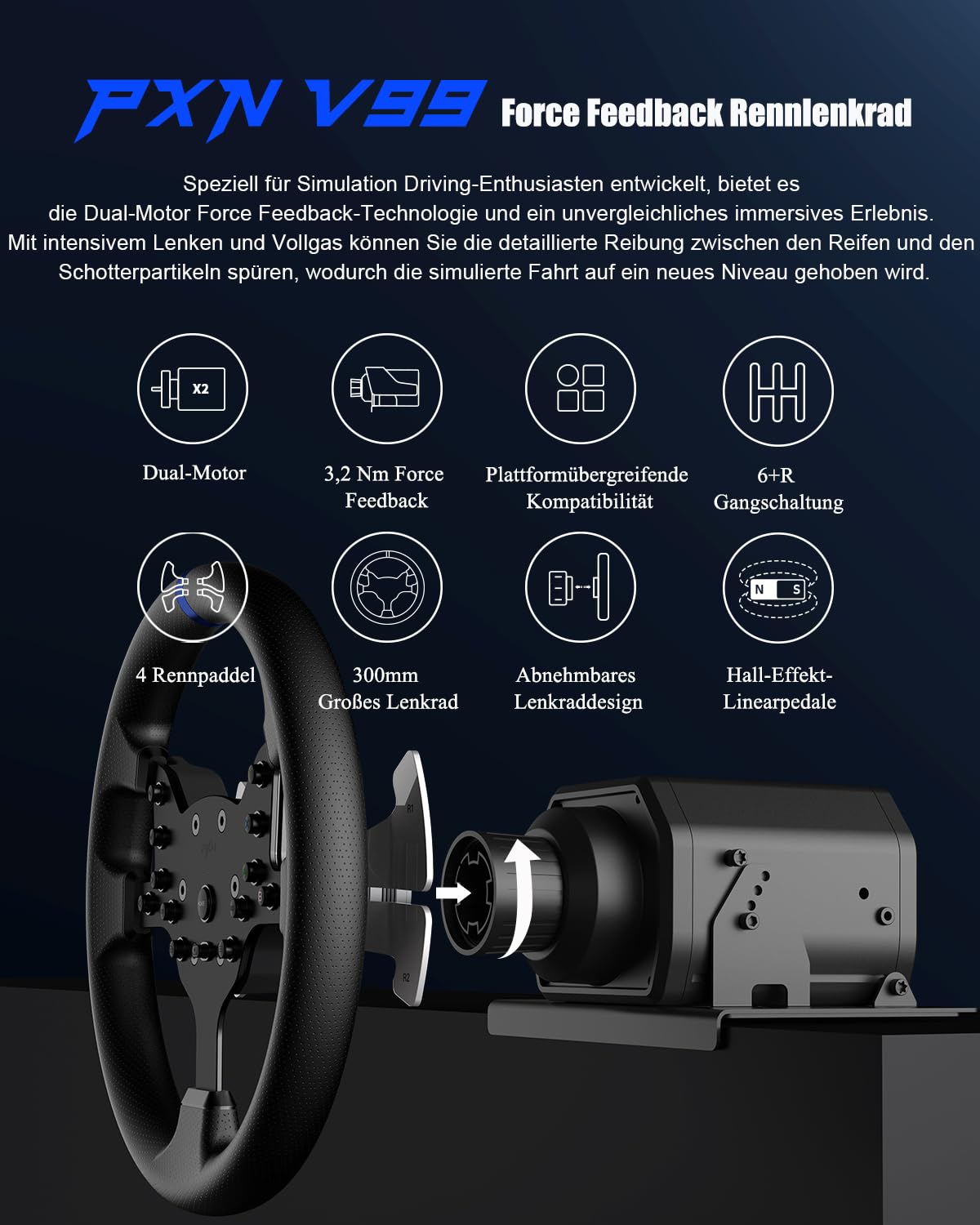 PXN V99 Gaming Lenkrad mit Pedalen und Schalthebel – 3,2 Nm Force-Feedback, 270° & 900°, 11,8-Zoll, 4 Schaltwippen, Tools-App – Lenkrad für PC, Xbox und PS4