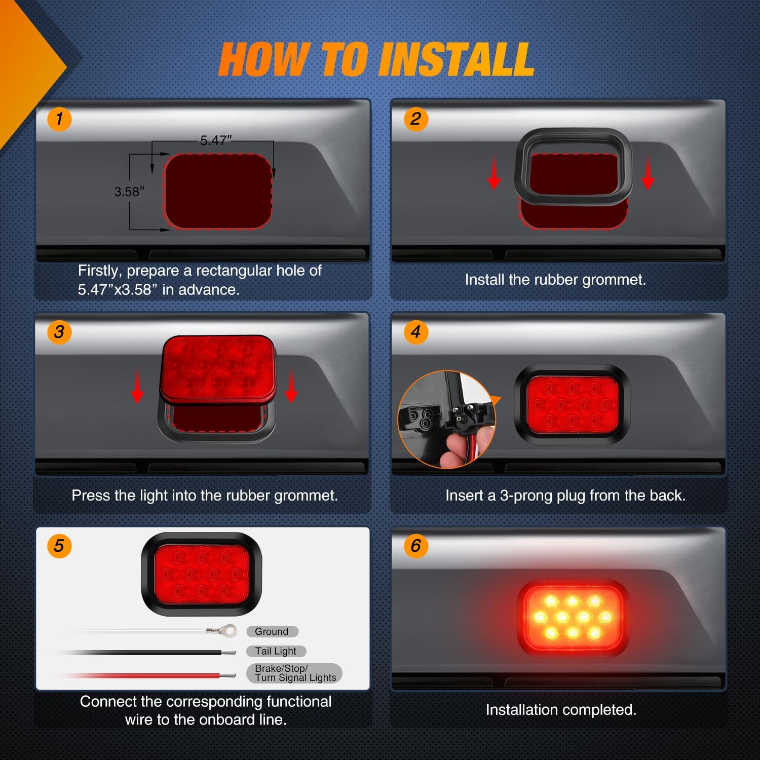 Nilight 5” X 3” Rectangular Trailer Tail Light 2 PCS Red 10 LED Brake Stop Turn Marker Lights IP67 Waterproof w/Flush Mount Grommets Plugs for 12V Truck ATV UTV Bus RV Camper