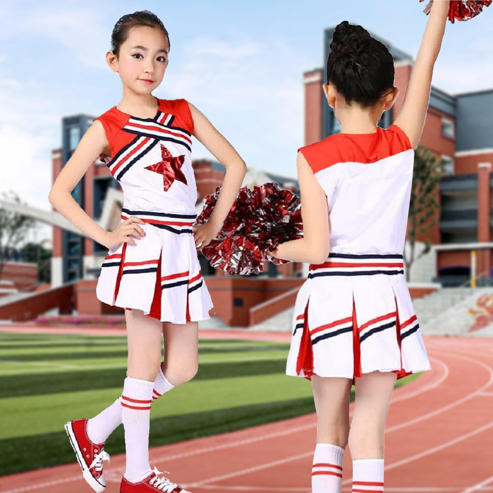 LOLANTA Costume da Ragazza Cheerleader, Carnevale o Evento Sportivo Fancy Dress Up con l'abito di Pom Poms, 4-13 Anni