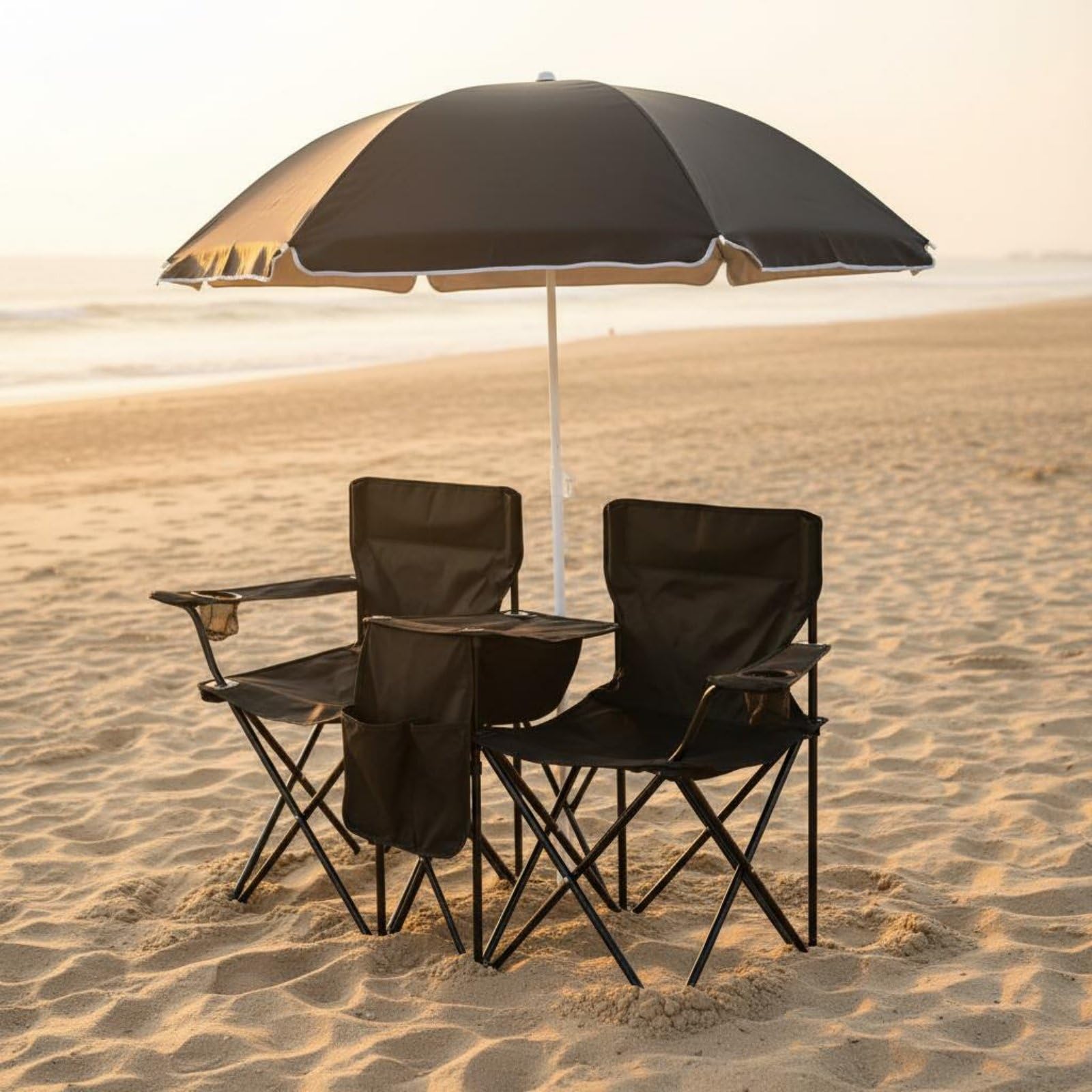 Doppelsitz Campingstuhl Klappstuhl Strandstuhl Liegesessel mit Sonnenschutz Kühlfach Halterungen Seitentaschen Starke Konstruktion Schnell Faltbar, Schwarz