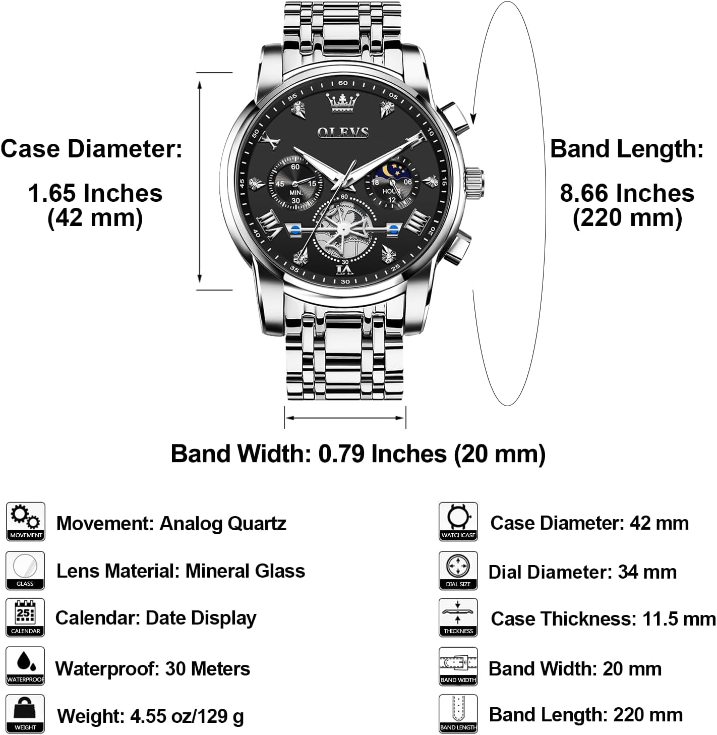 OLEVS Men's Stainless Steel Chronograph Watch, Large Face Easy to Read Roman Numerals Diamond Accented Analog Dress Watches for Men, Elegant Waterproof Luminous Male Quartz Wristwatch - Image 6