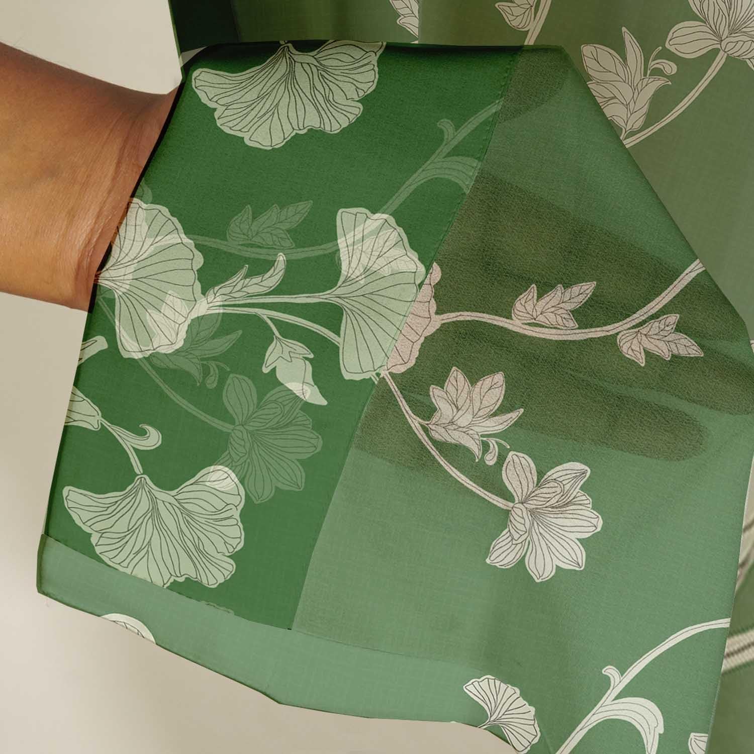 Green Floral Vine Design Sheer Curtains for Short Windows - Set of 2 Panels, 63", Grommet Top, Printed Georgette, Light Filtering Drapes for Kitchen or Bedroom