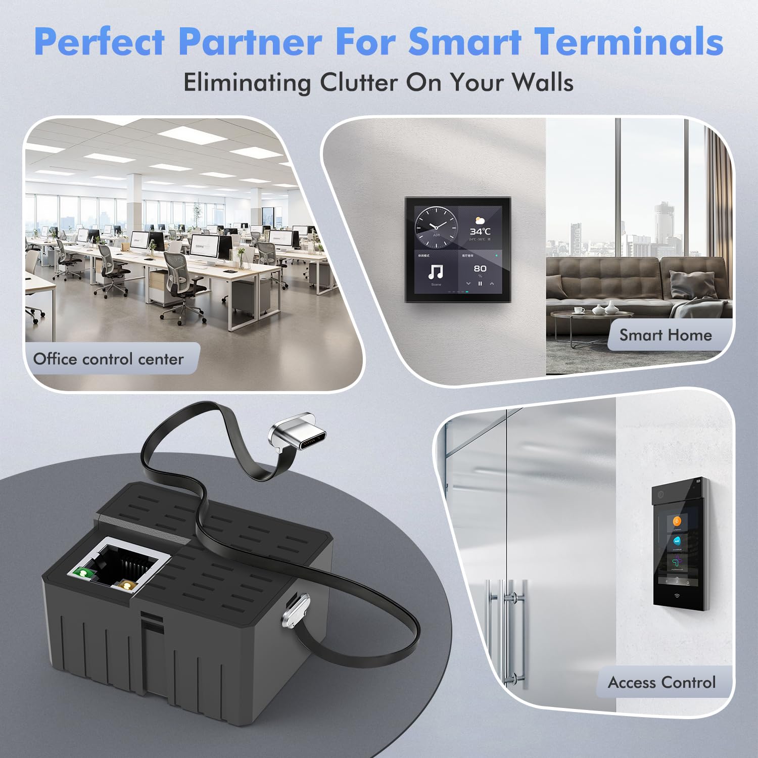 Agile - Kit de montaje en pared para tablet PoE universal con soporte y cable plano | Caja de adaptador de corriente CA a USB-C para 8-12 tabletas (apto para 86 cajas de hogar inteligente/oficina, 23 W)