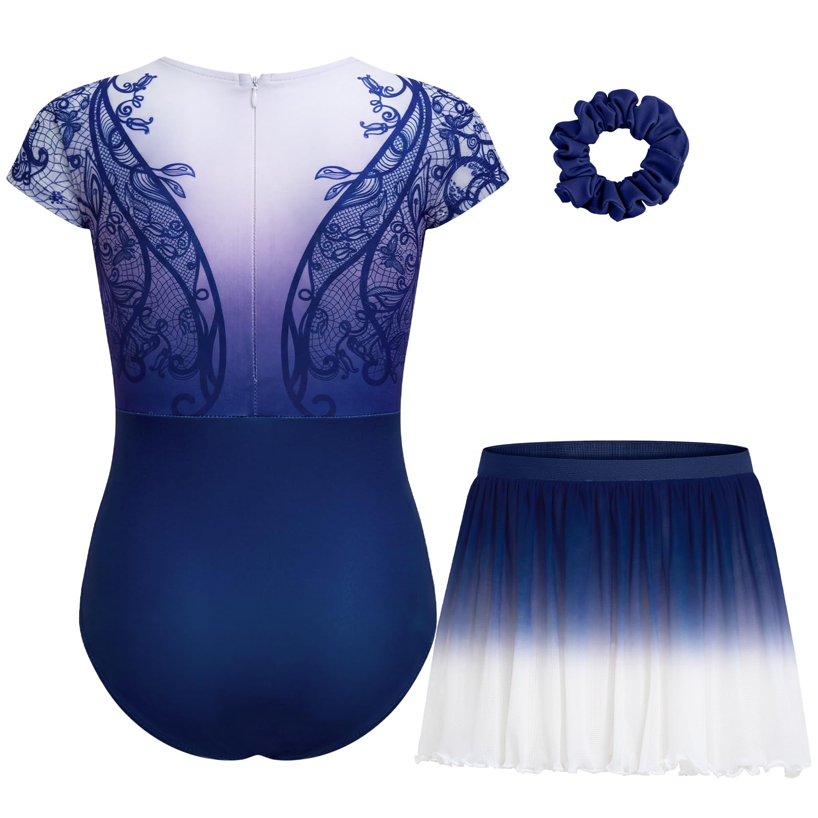 Gogokids Justaucorps de gymnastique pour fille avec jupe, manches courtes avec strass scintillants et imprimés, ensemble de danse 3 pièces pour ballet, yoga, performances - Tailles 3-12 ans