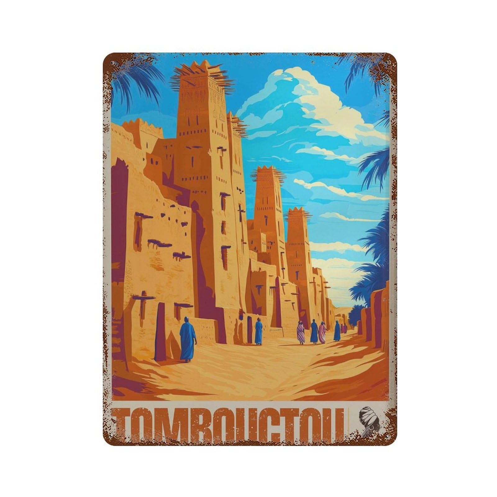 xiaoxiaoshen Timbuktu Travel Mali Adobe Architecture Blue Sky Wall Decor Art Metal Tin Poster Modern Home Decor Art Home Bar Shop Decorations Vintage Sign 40x30cm