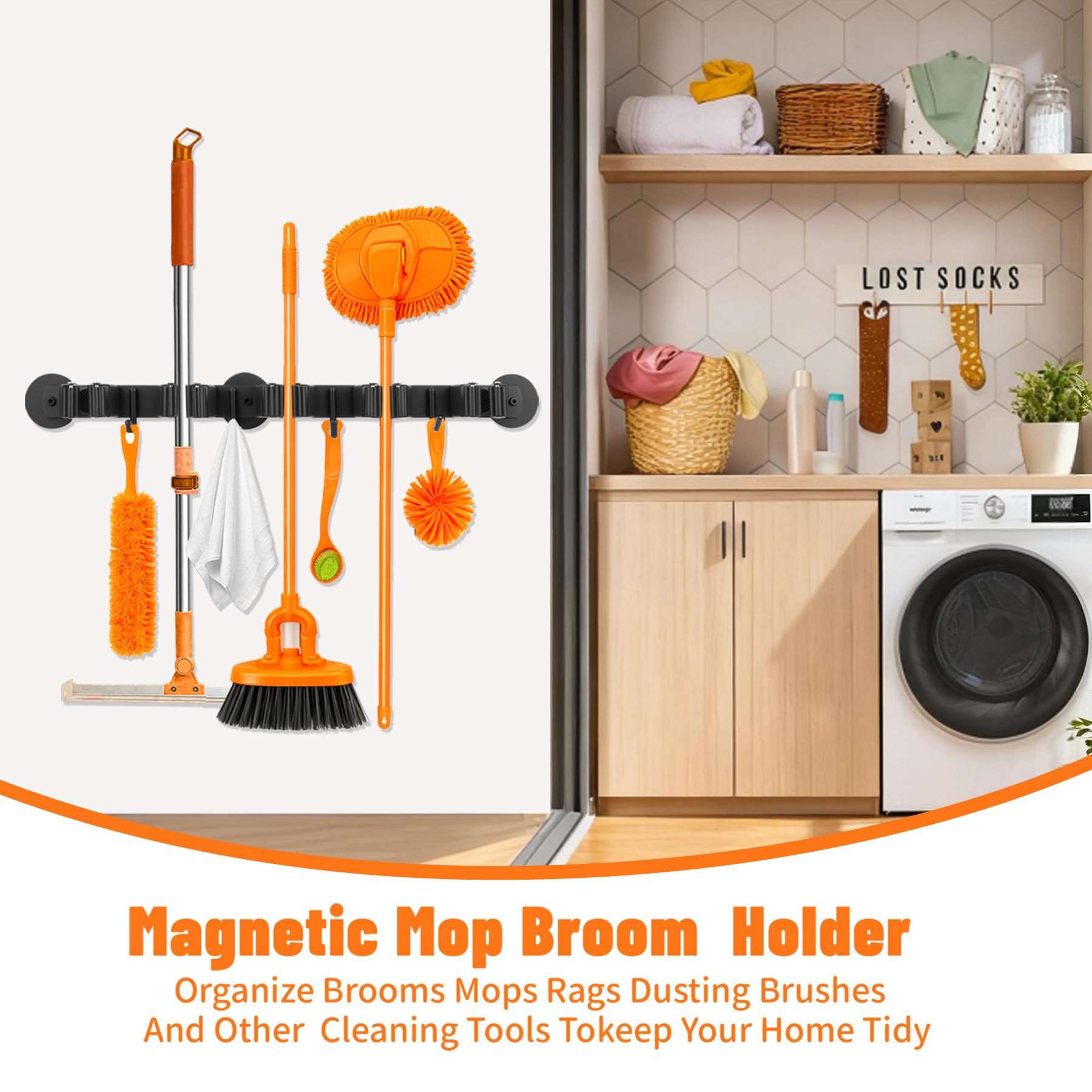 Magnetic Broom Holder - Wall Mount with 4 Hooks -5 Magnetic Broom Holder - Wall Mount with 4 Hooks -5