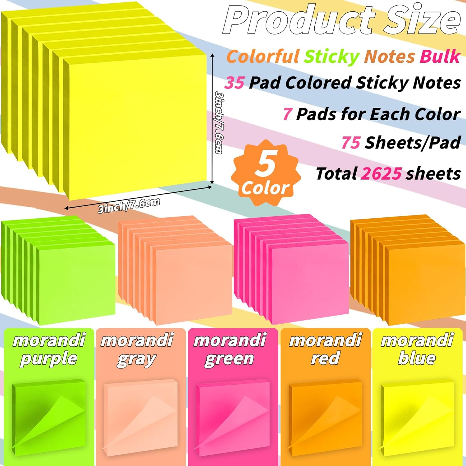 35 Pack Sticky Notes Bulk 3 x 3 In Self Stick Notes Pads Colorful Posted Note in 5 Bright Color Adhesive Paper Memo 75 Sheets/Pad Easy to Post note pad for Office Home School Notebook Wall Door Window - Image 2