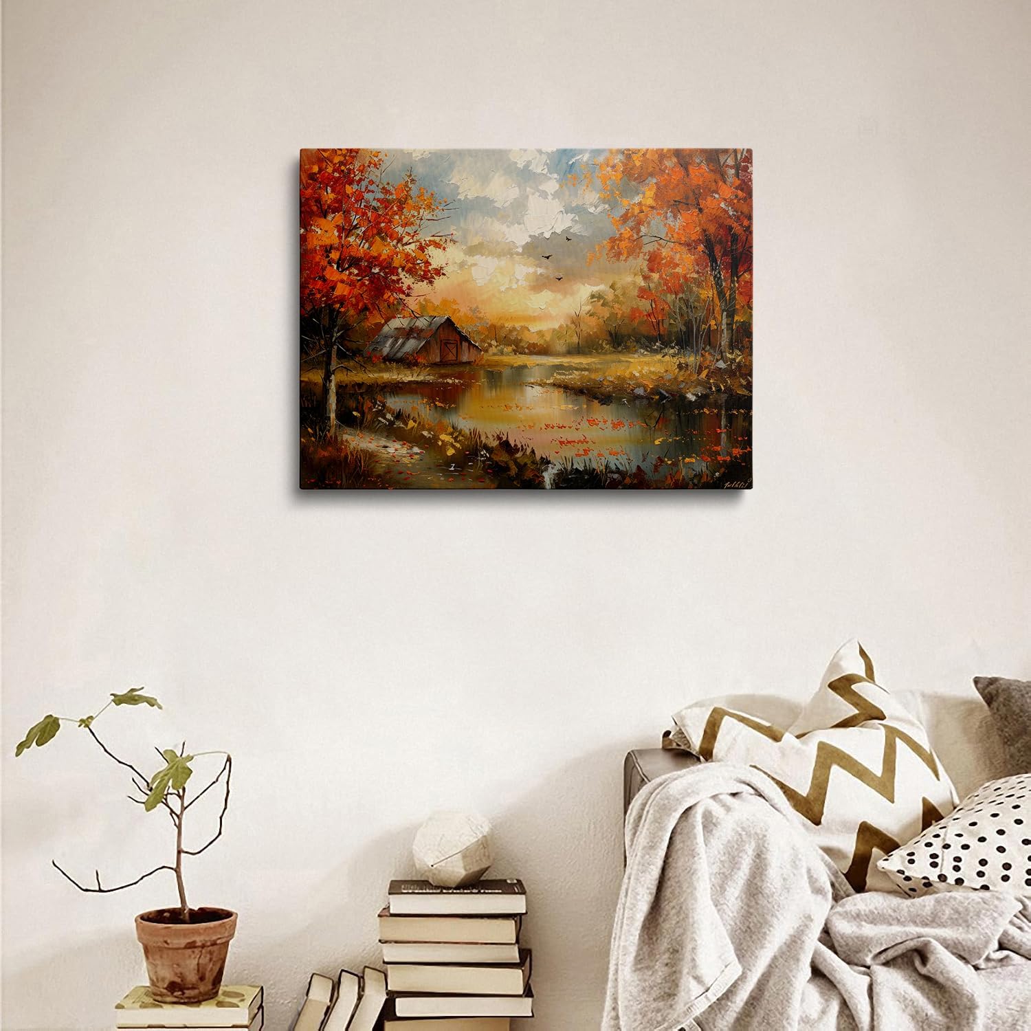 Tufiqu Retro Autumn Forest Windmill House Picture Wall Decor Vintage Rustic Cabin Fall Canvas Wall Art Farmhouse Prints Poster Nature Landscape Painting for Living Room Bathroom Bedroom (12"x16")